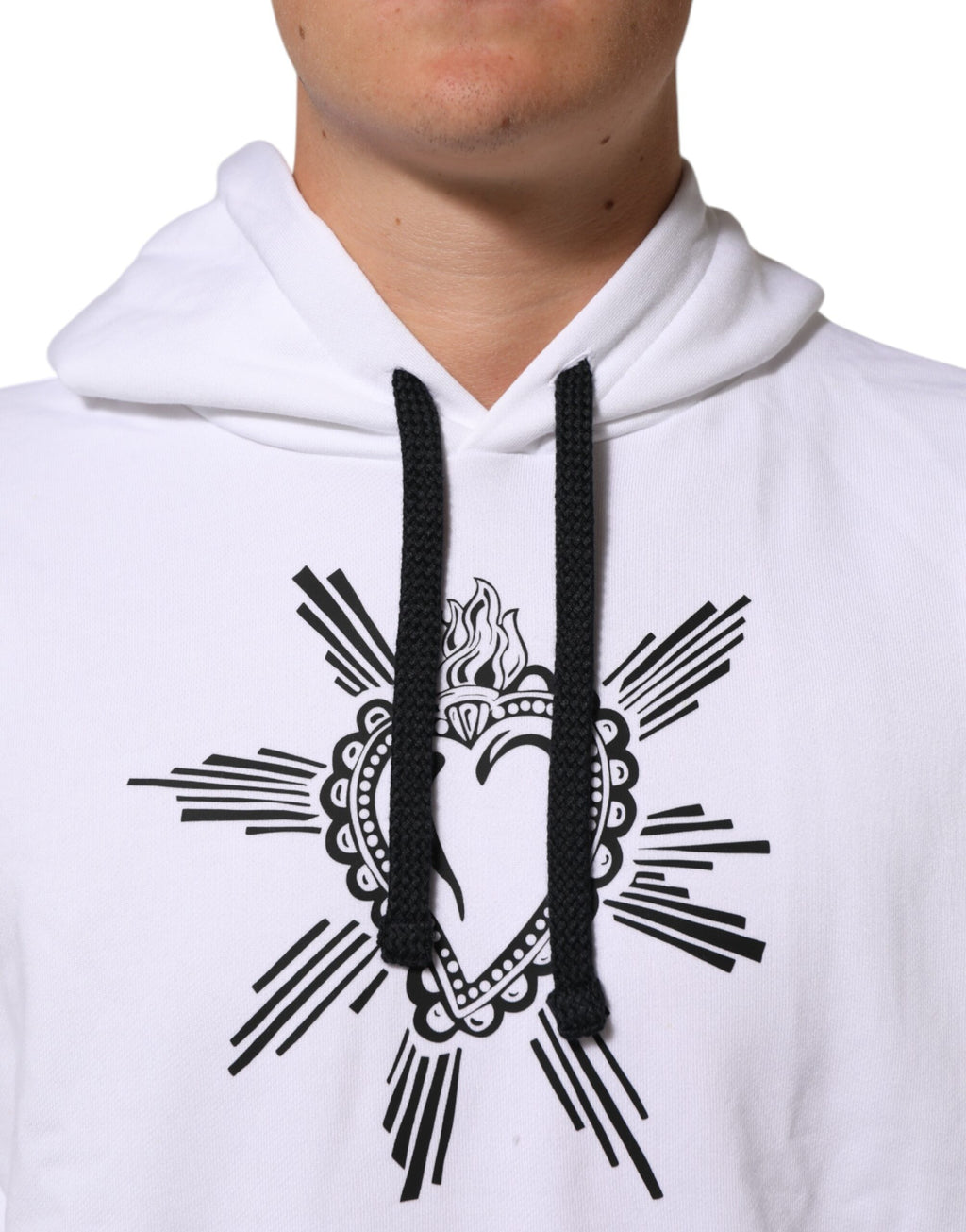 Sweat à capuche blanc Dolce & Gabbana Sacred Heart, pull-over en coton avec motif cœur sacré, mode élégante et confortable.