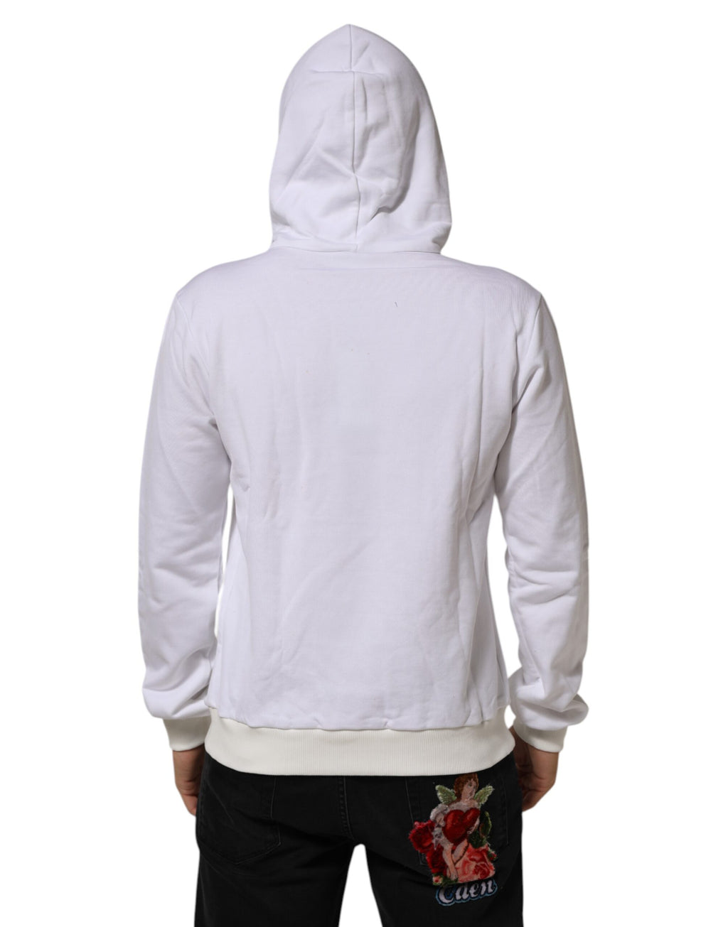 Sweat à capuche blanc Dolce & Gabbana Sacred Heart avec logo et motif religieux, vêtement décontracté en coton.