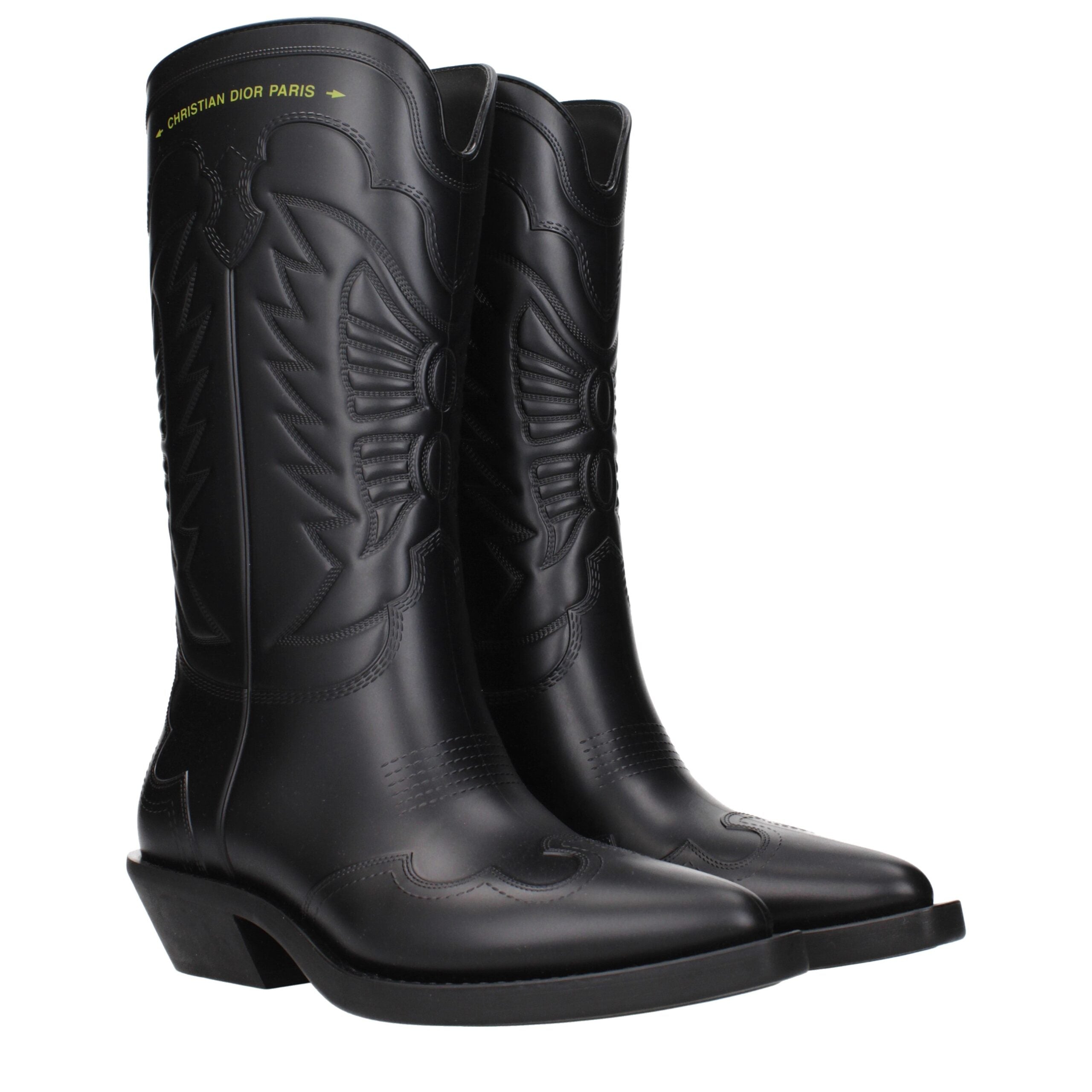 Bottes en coton noir Christian Dior avec design élégant, visibles sur l'image, parfaites pour un style sophistiqué.