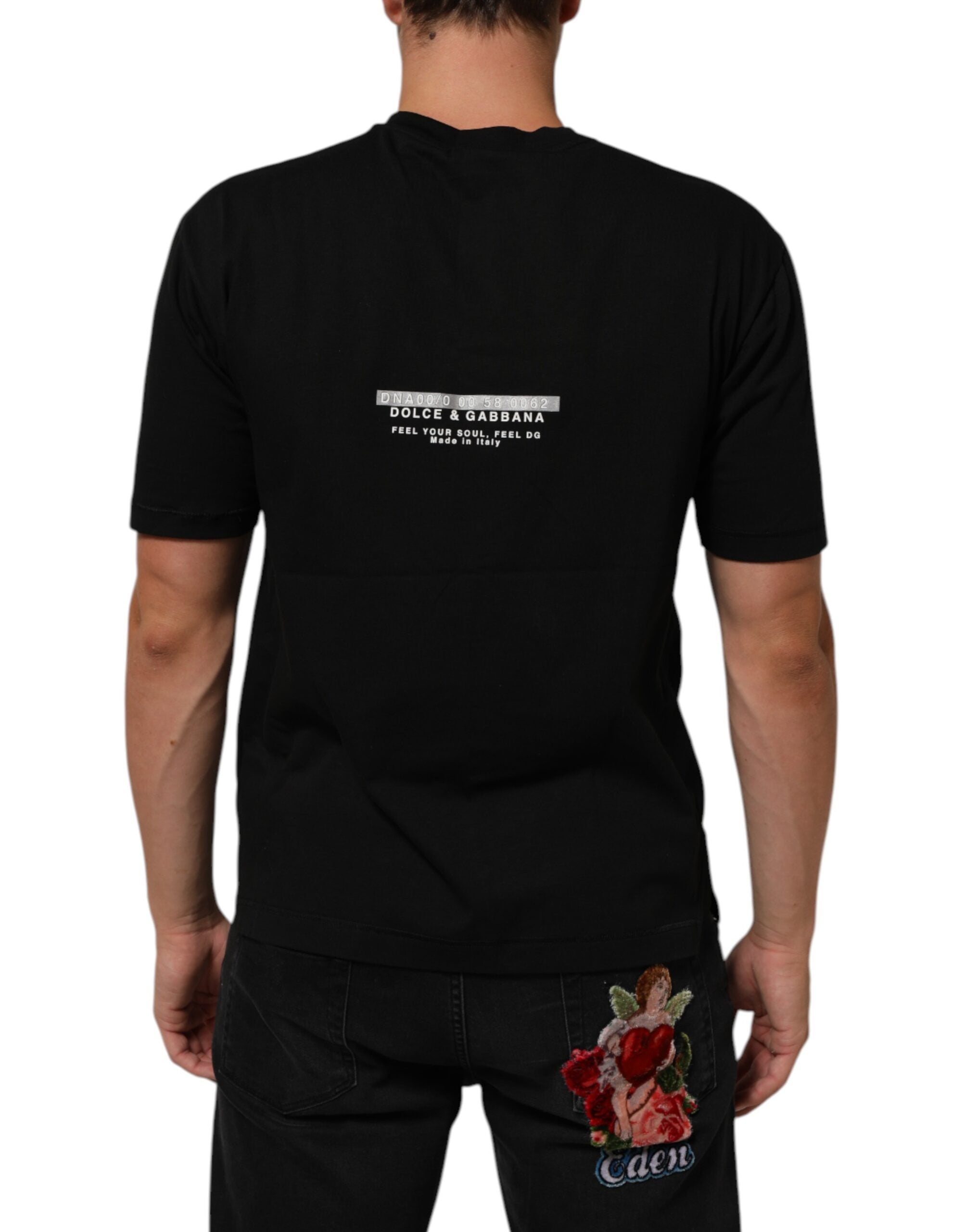 T-shirt homme noir en coton Dolce & Gabbana avec col ras du cou, style statement, visible sur l'image.