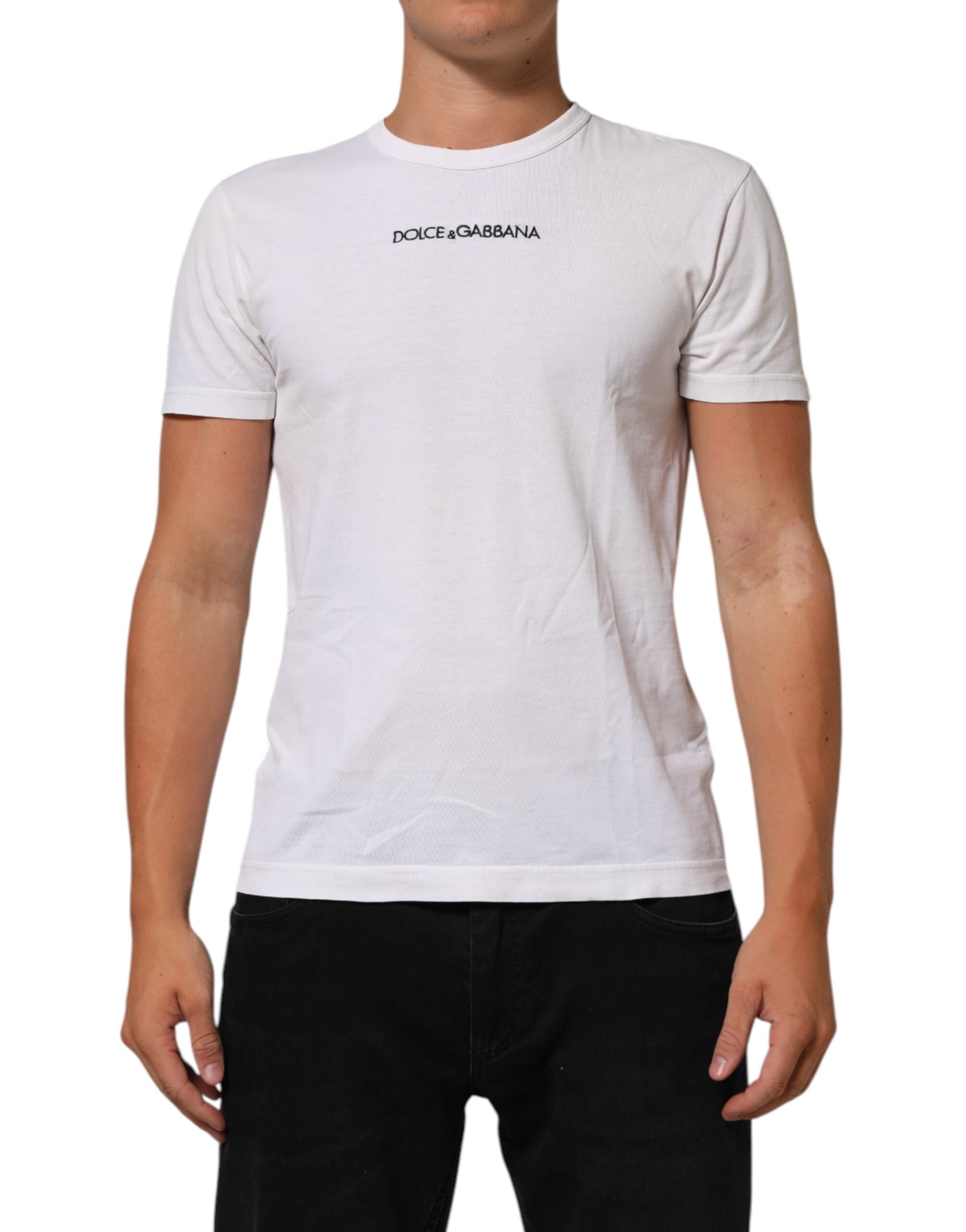 T-shirt homme blanc Dolce & Gabbana en coton avec logo imprimé, col rond, style décontracté.
