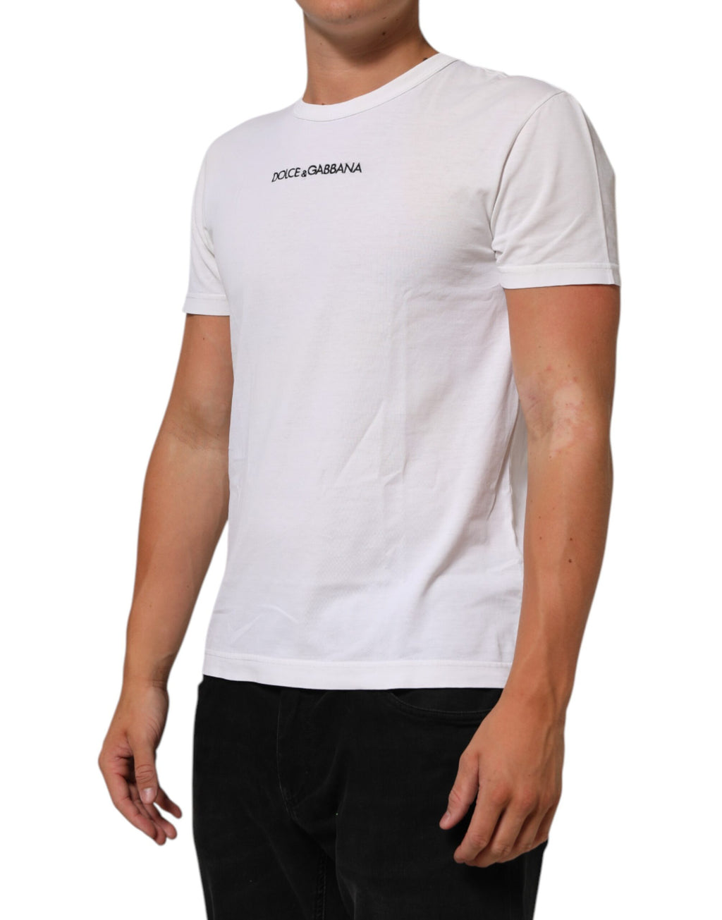 T-shirt blanc pour homme Dolce & Gabbana en coton avec logo imprimé et col rond, vue de face.