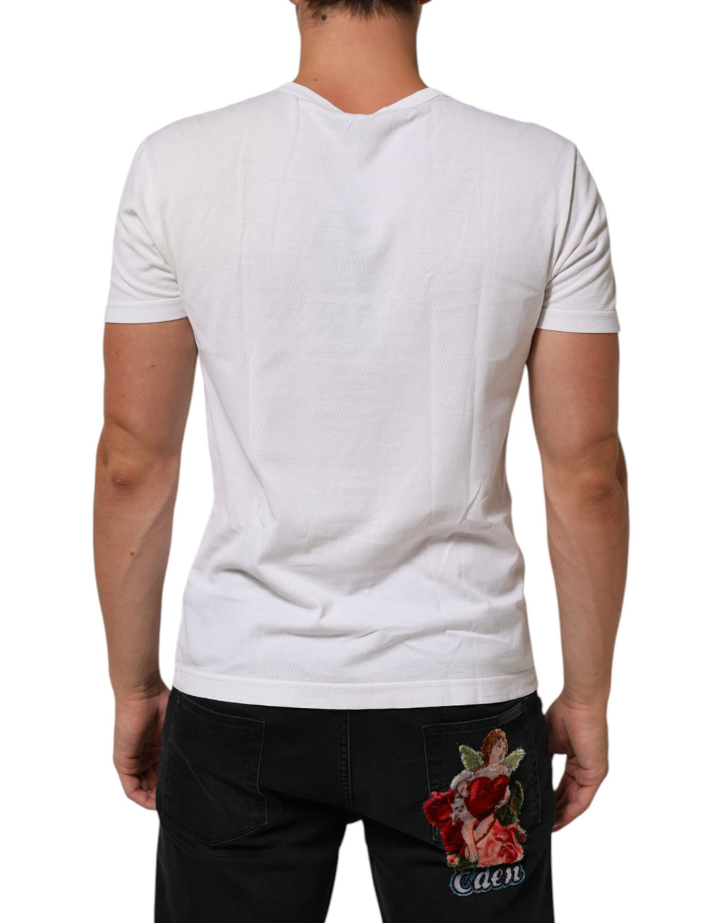 T-shirt homme blanc Dolce & Gabbana en coton avec logo imprimé, col rond et style décontracté.