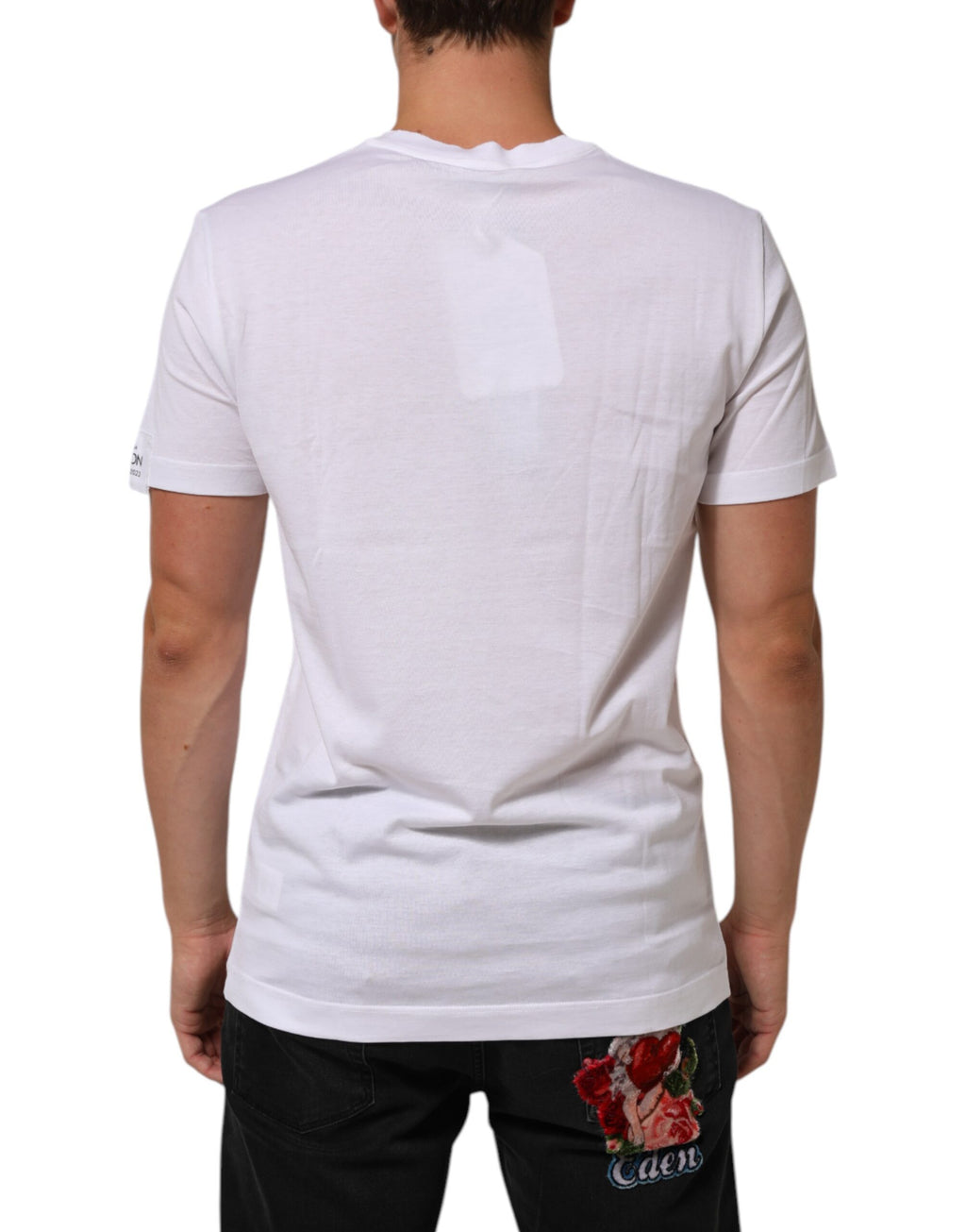 T-shirt blanc Dolce & Gabbana en coton avec logo imprimé, col ras du cou, vue de face.