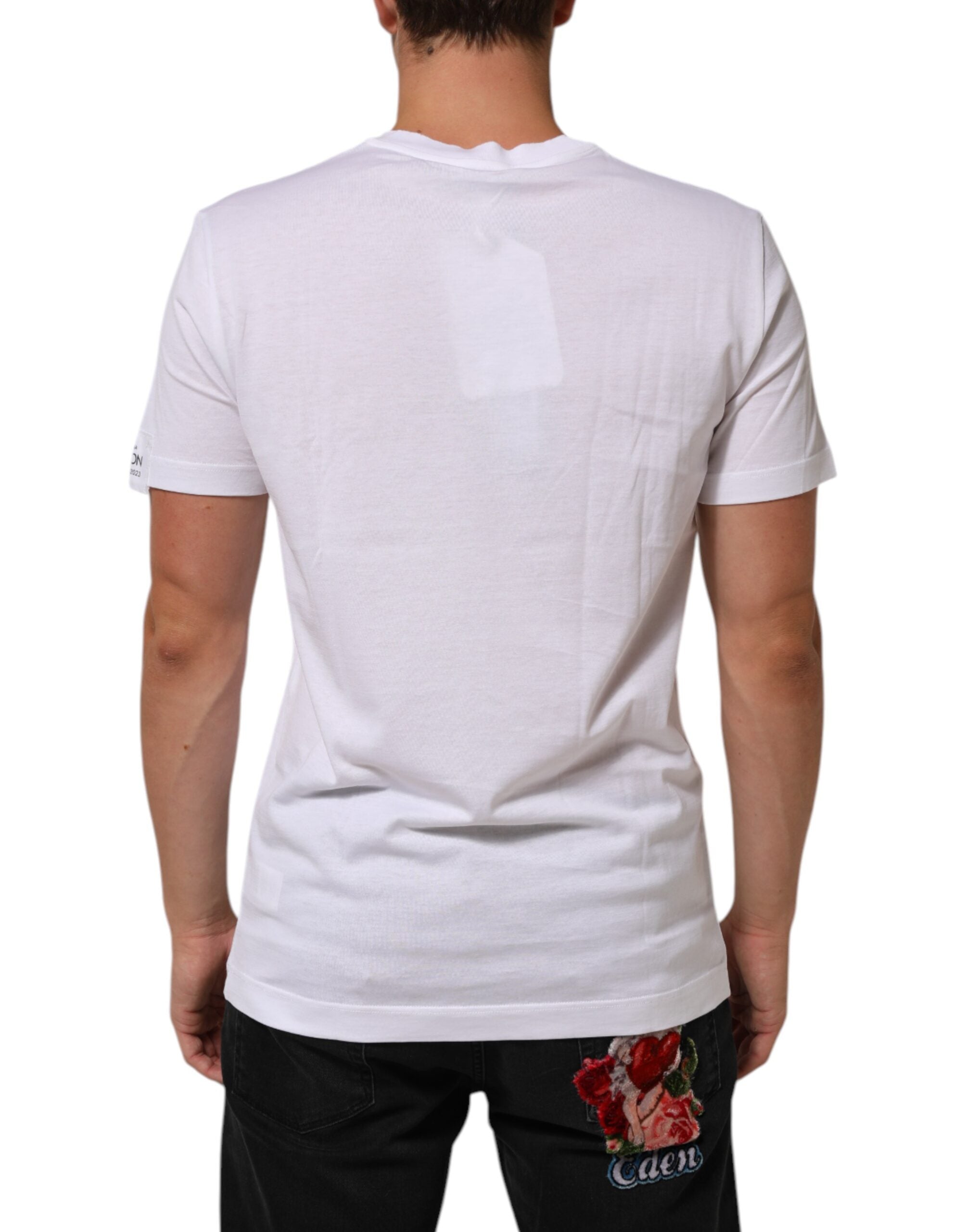 T-shirt blanc Dolce & Gabbana en coton avec logo imprimé, col ras du cou, vue de face.