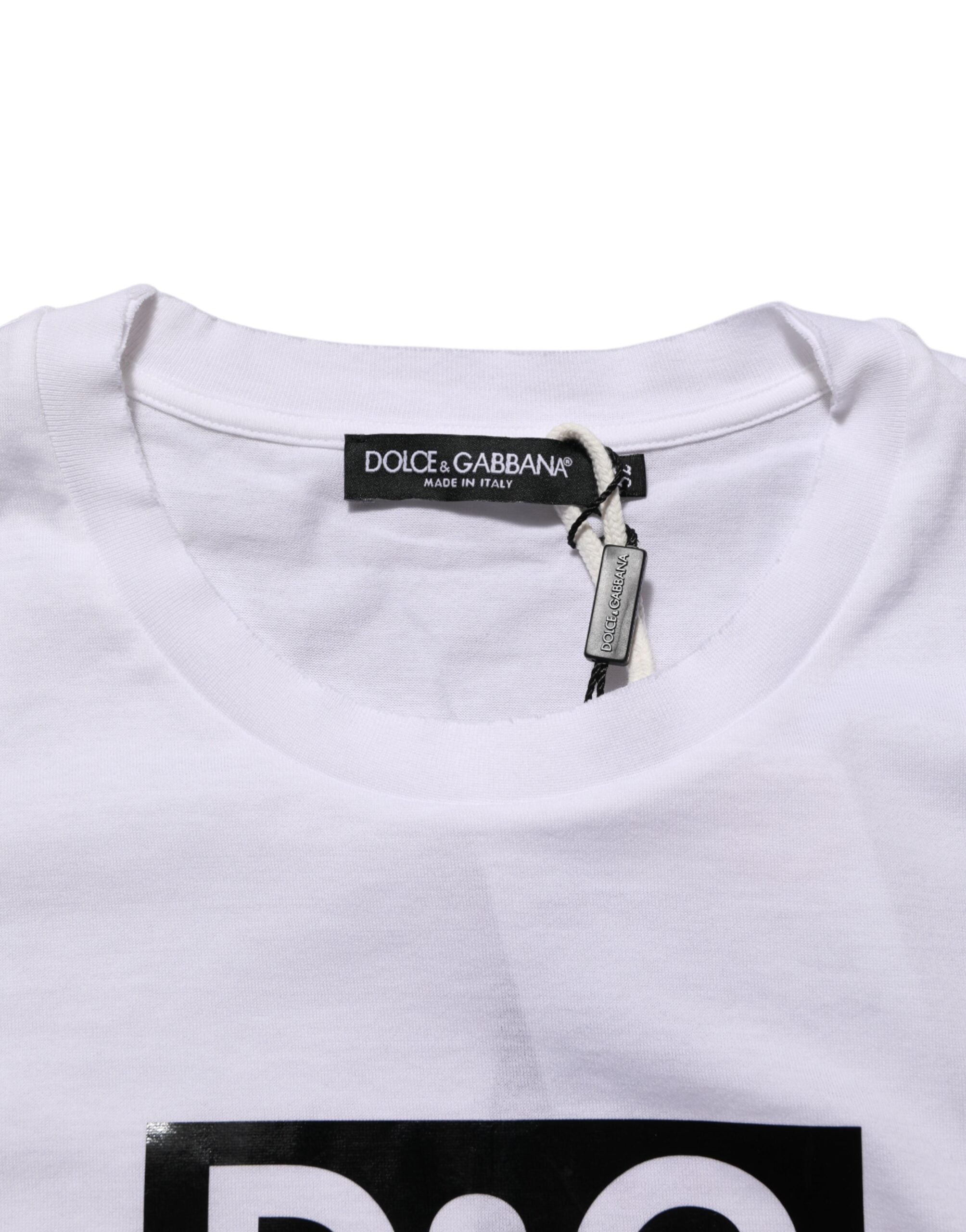 T-shirt blanc en coton Dolce & Gabbana avec logo imprimé, col rond, détail de style décontracté et élégant.