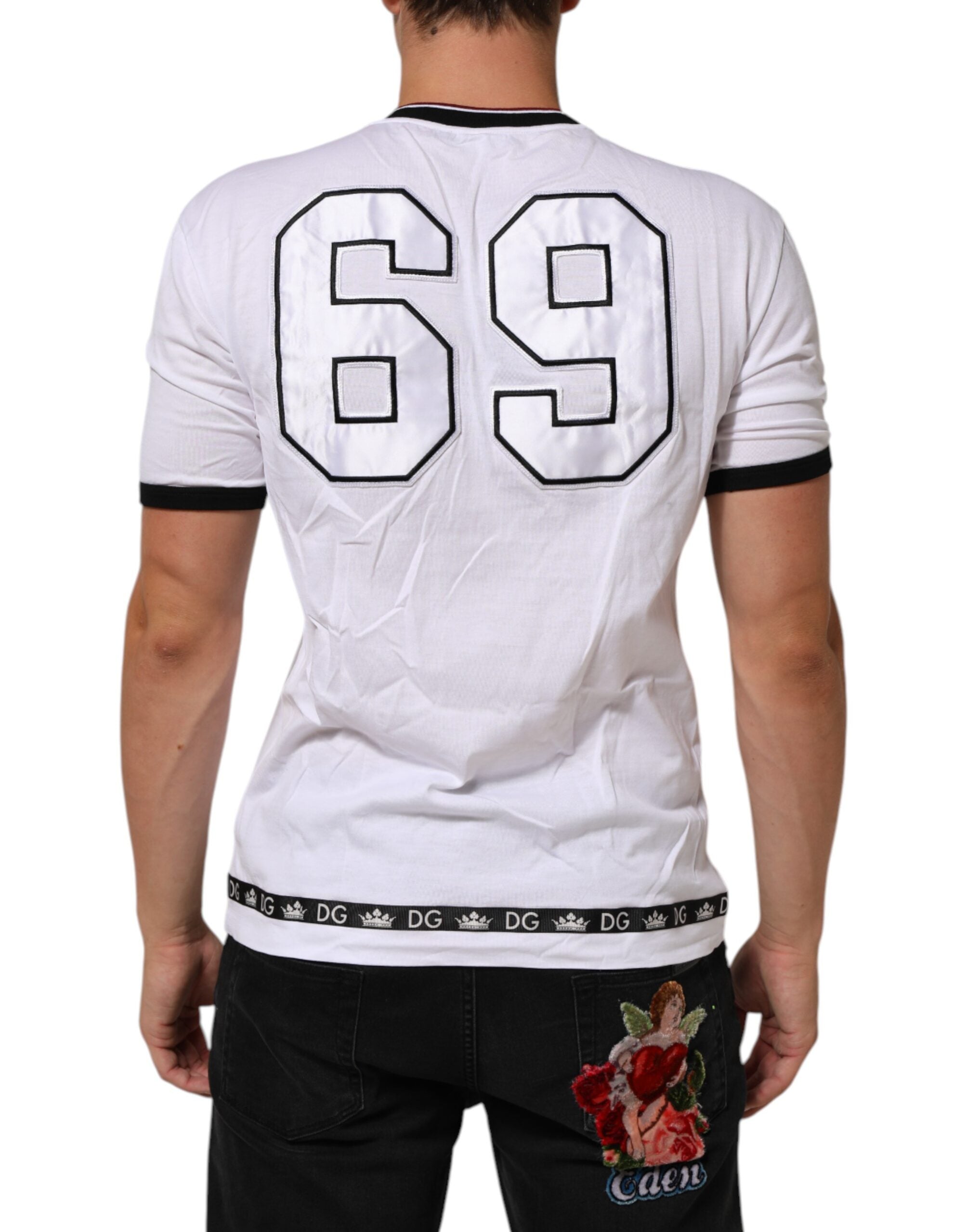 T-shirt blanc Dolce & Gabbana en coton avec broderie couronne de roi, détails élégants et logo visible sur le devant.