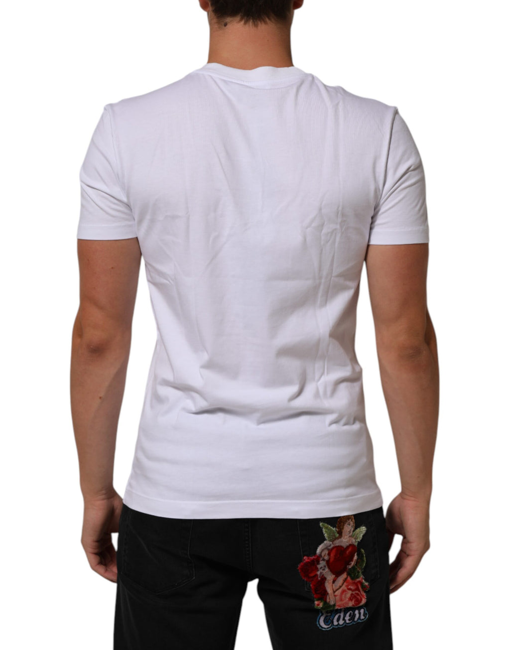 T-shirt blanc Dolce & Gabbana en coton avec logo imprimé, col rond, pour homme, vue de face.