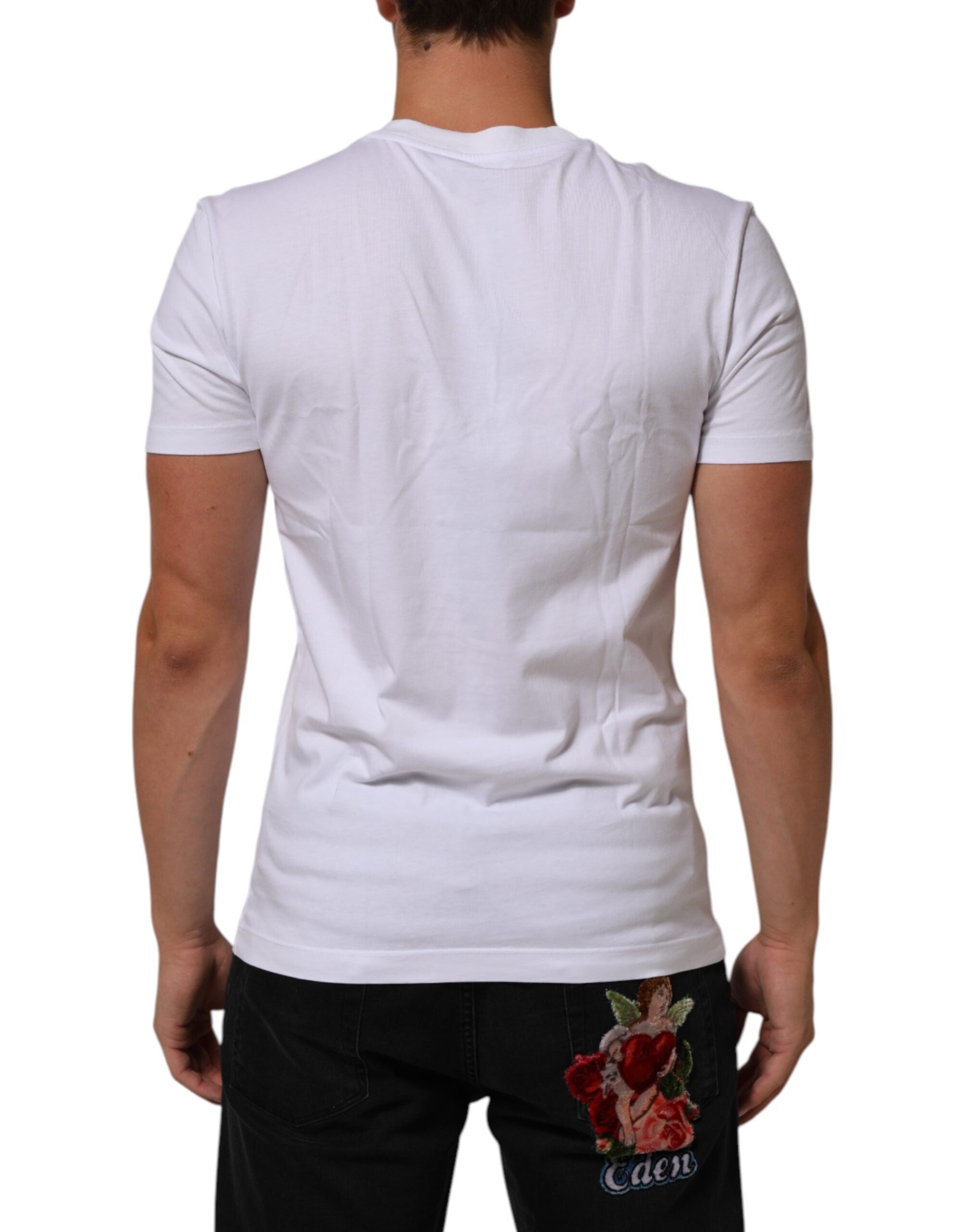 T-shirt blanc Dolce & Gabbana en coton avec logo imprimé, col rond, pour homme, vue de face.
