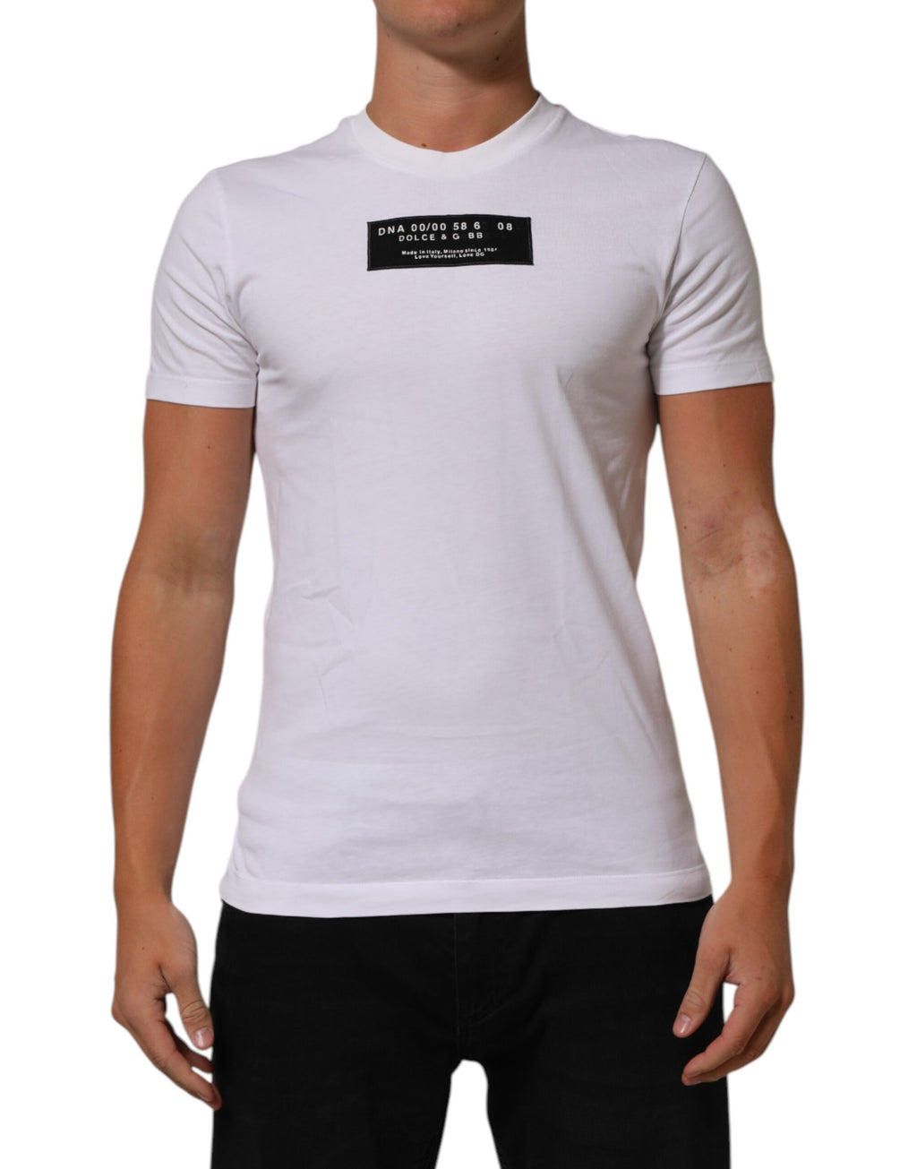 T-shirt homme Dolce & Gabbana en coton blanc avec logo imprimé, col ras du cou, style décontracté.