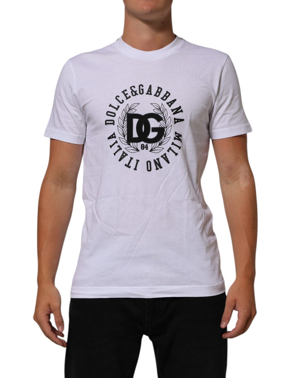 T-shirt blanc en coton Dolce & Gabbana avec logo imprimé, col rond, vue de face.