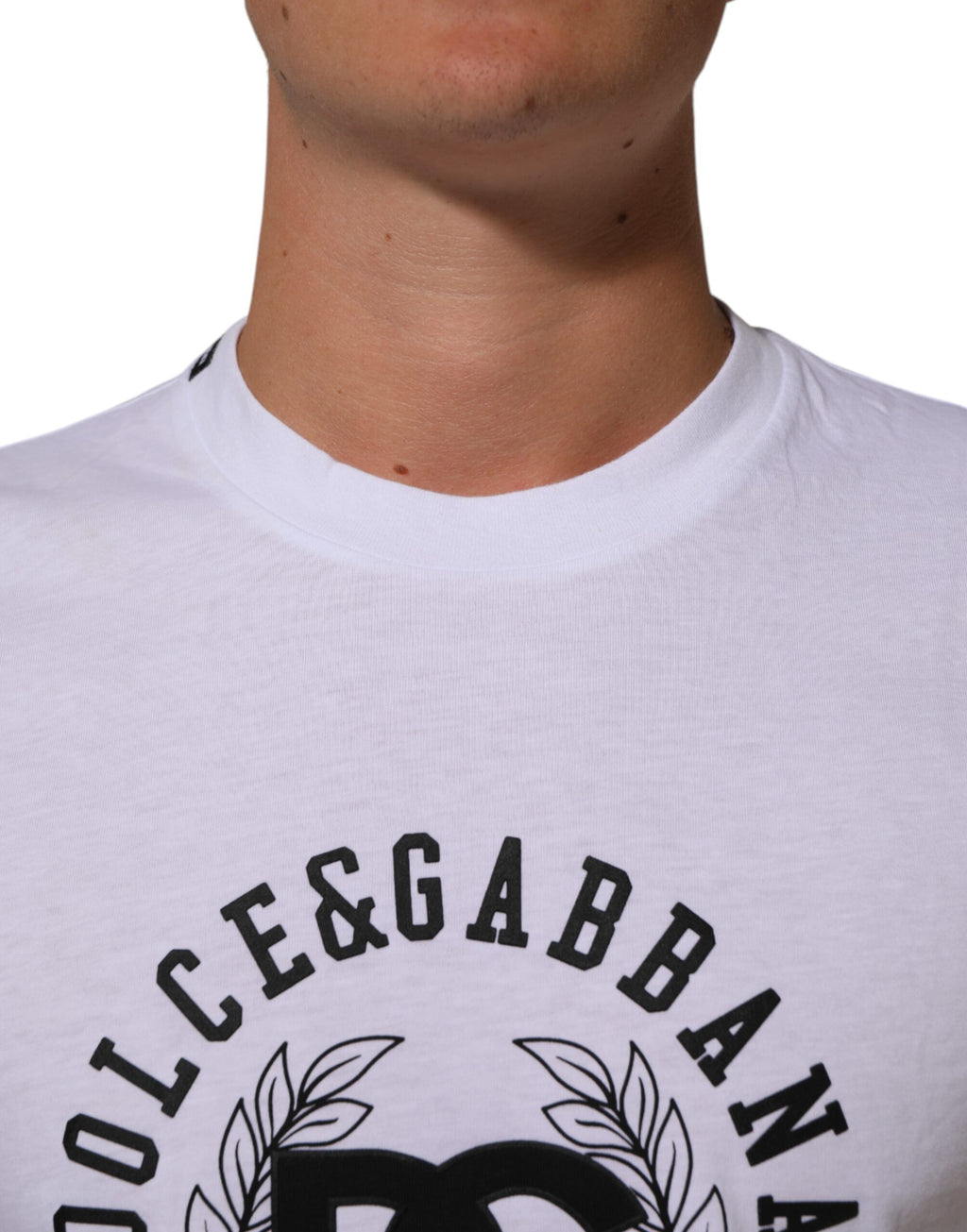 T-shirt blanc en coton Dolce & Gabbana avec logo imprimé, col rond, vue de face.