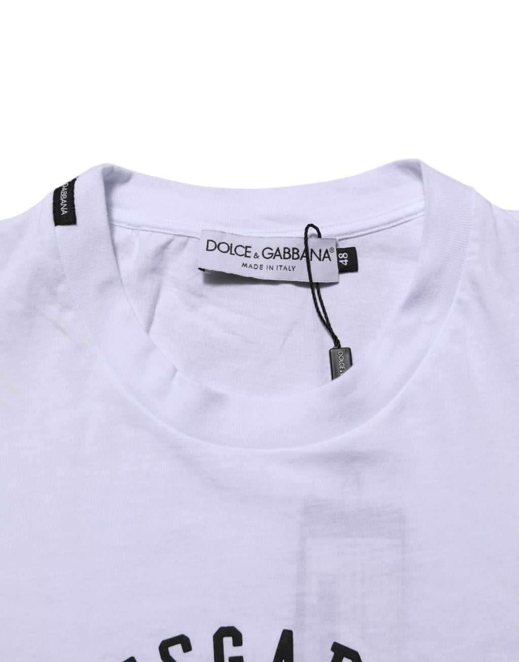 T-shirt blanc en coton Dolce & Gabbana avec logo imprimé, col ras du cou, vue de face.