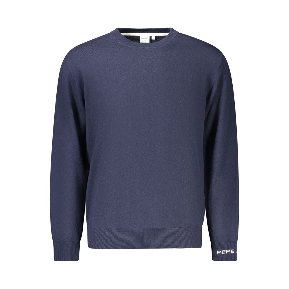 Pull bleu en coton pour homme de la marque Pepe Jeans, avec col rond et manches longues, porté par un mannequin.