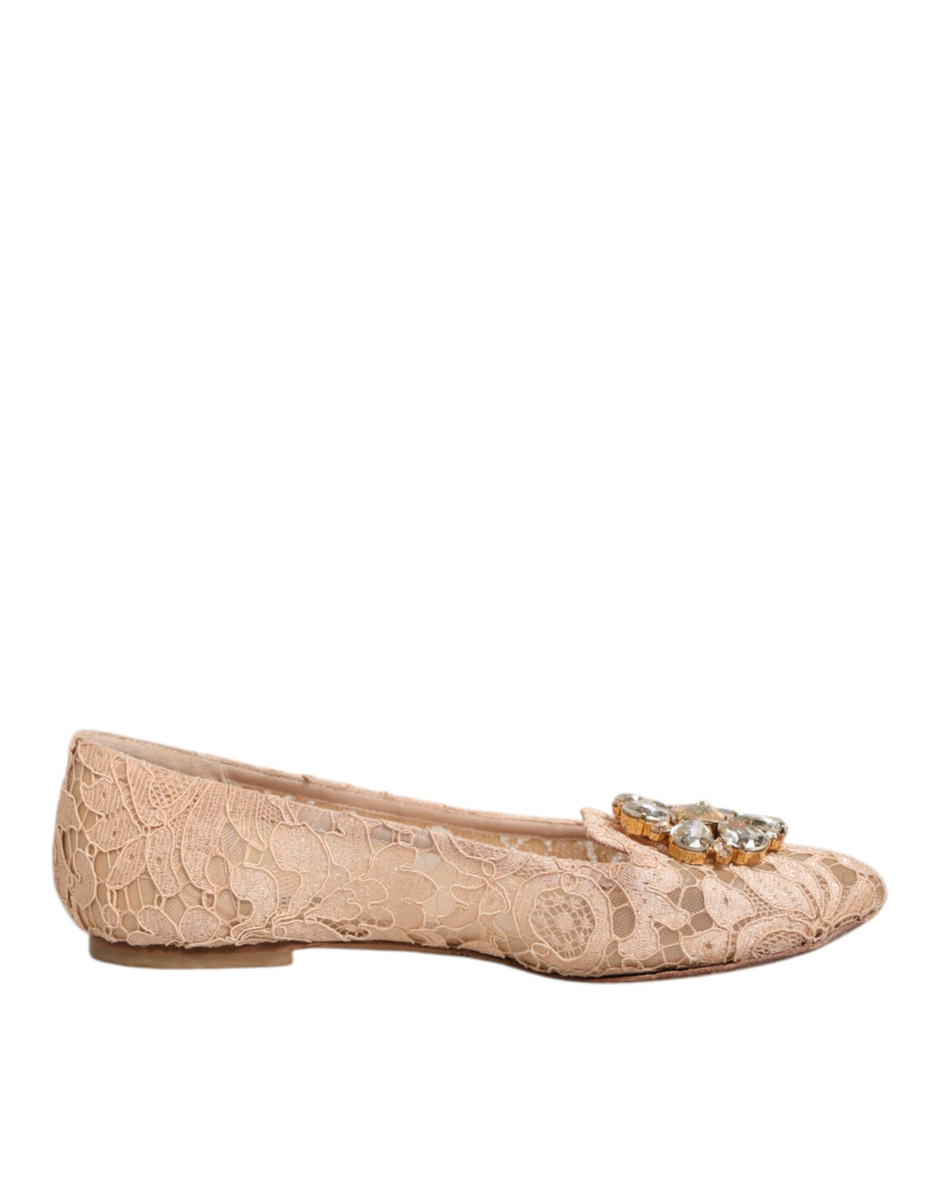Chaussures plates Dolce & Gabbana Taormina en dentelle beige avec cristaux, élégantes et raffinées.