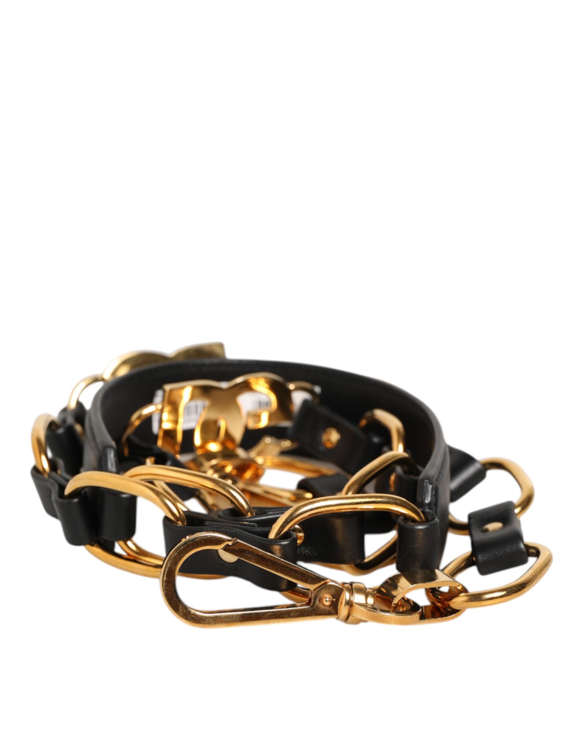 Sangle d’épaule en cuir noir Dolce & Gabbana avec chaîne dorée pour sac à main et accessoire de mode.