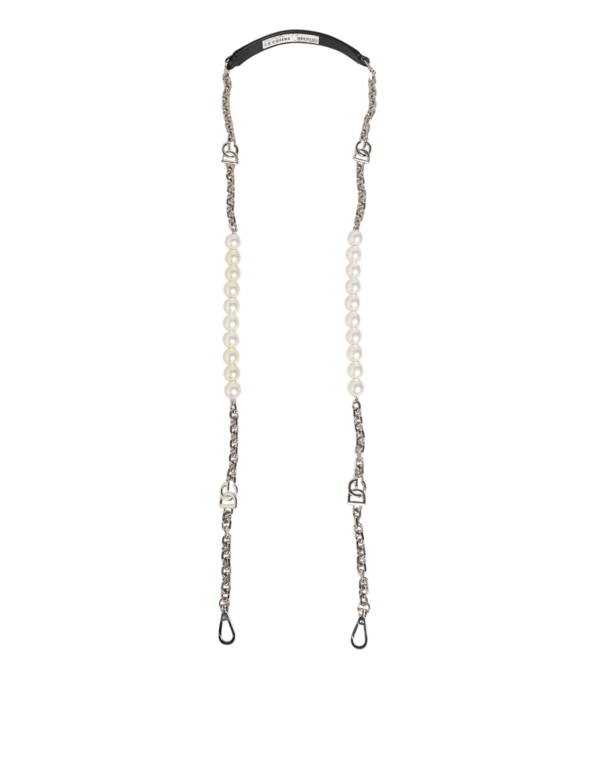 Sangle d'épaule en cuir noir de Dolce & Gabbana avec chaîne de perles pour sac à main.