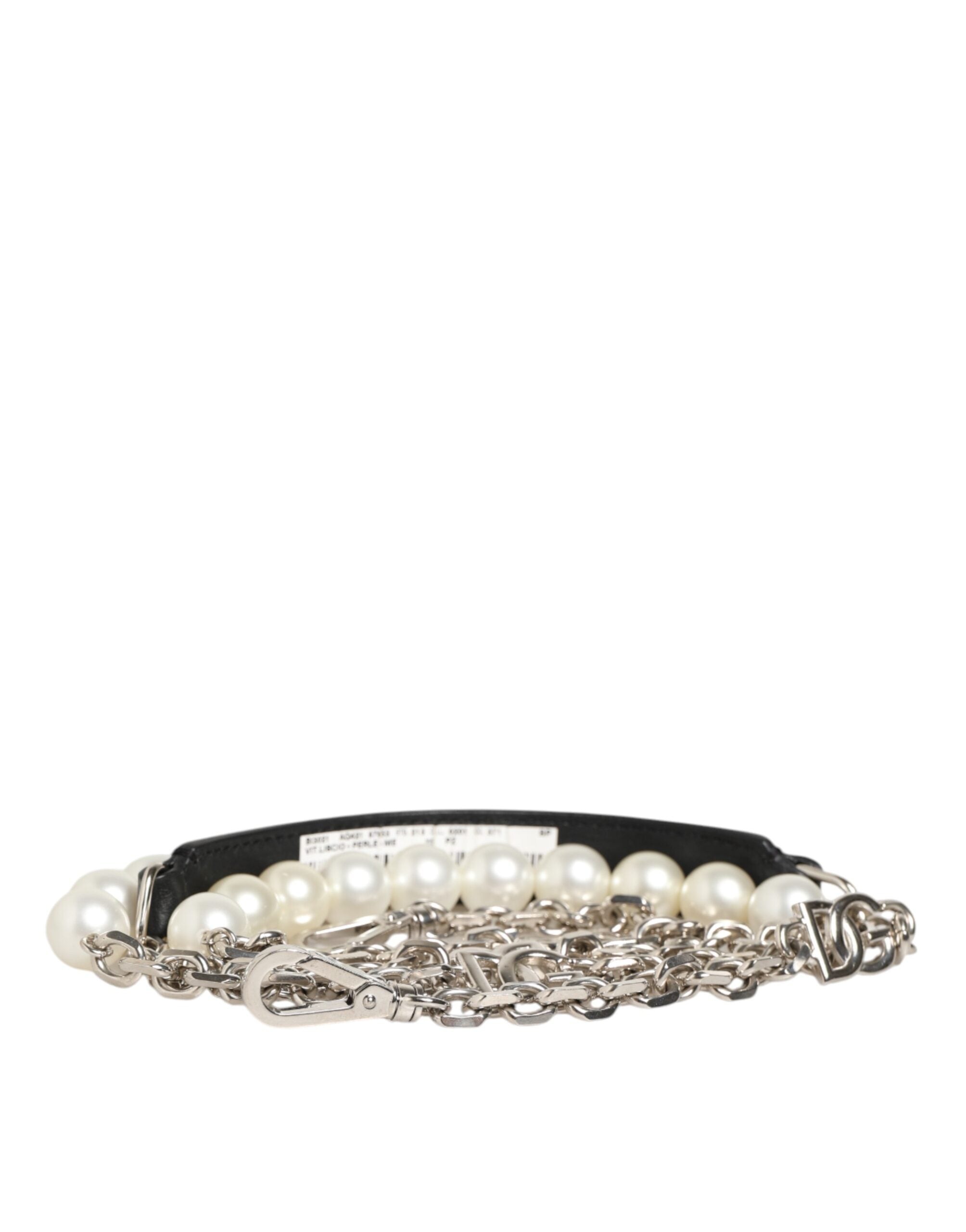 Sangle d'épaule en cuir noir Dolce & Gabbana avec chaîne de perles pour sac à main, accessoire élégant.