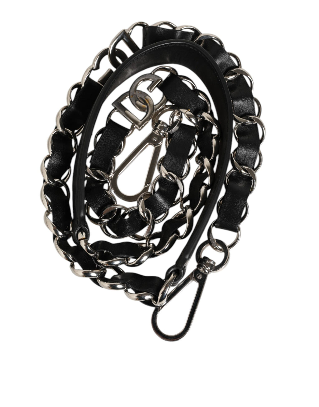 Sangle d'épaule en cuir noir Dolce & Gabbana avec chaîne argentée pour sac à main.