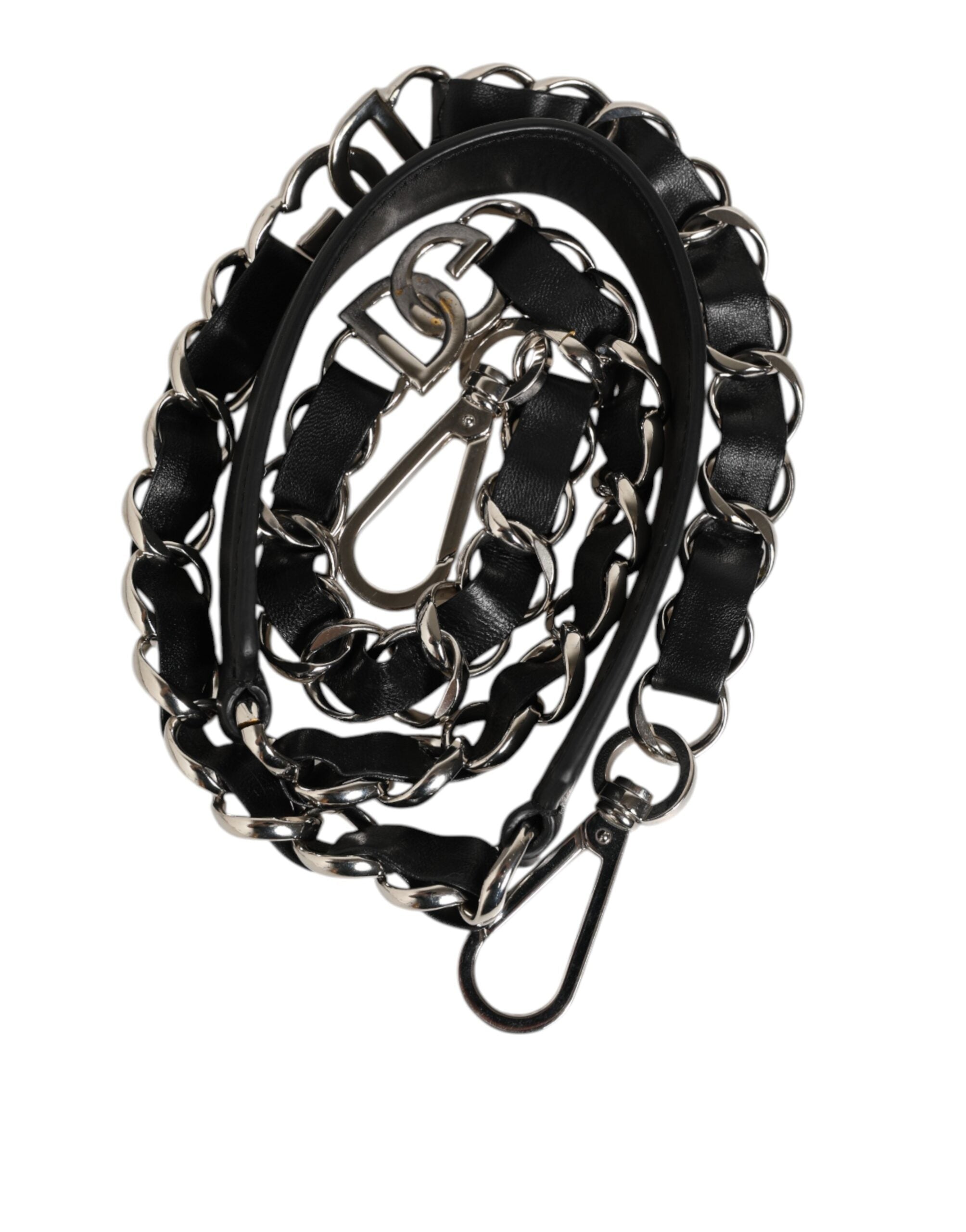 Sangle d'épaule en cuir noir Dolce & Gabbana avec chaîne argentée pour sac à main.
