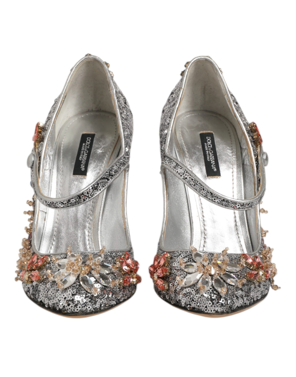 Chaussures Dolce & Gabbana Mary Janes en satin argenté avec sequins et cristaux, style élégant et sophistiqué.