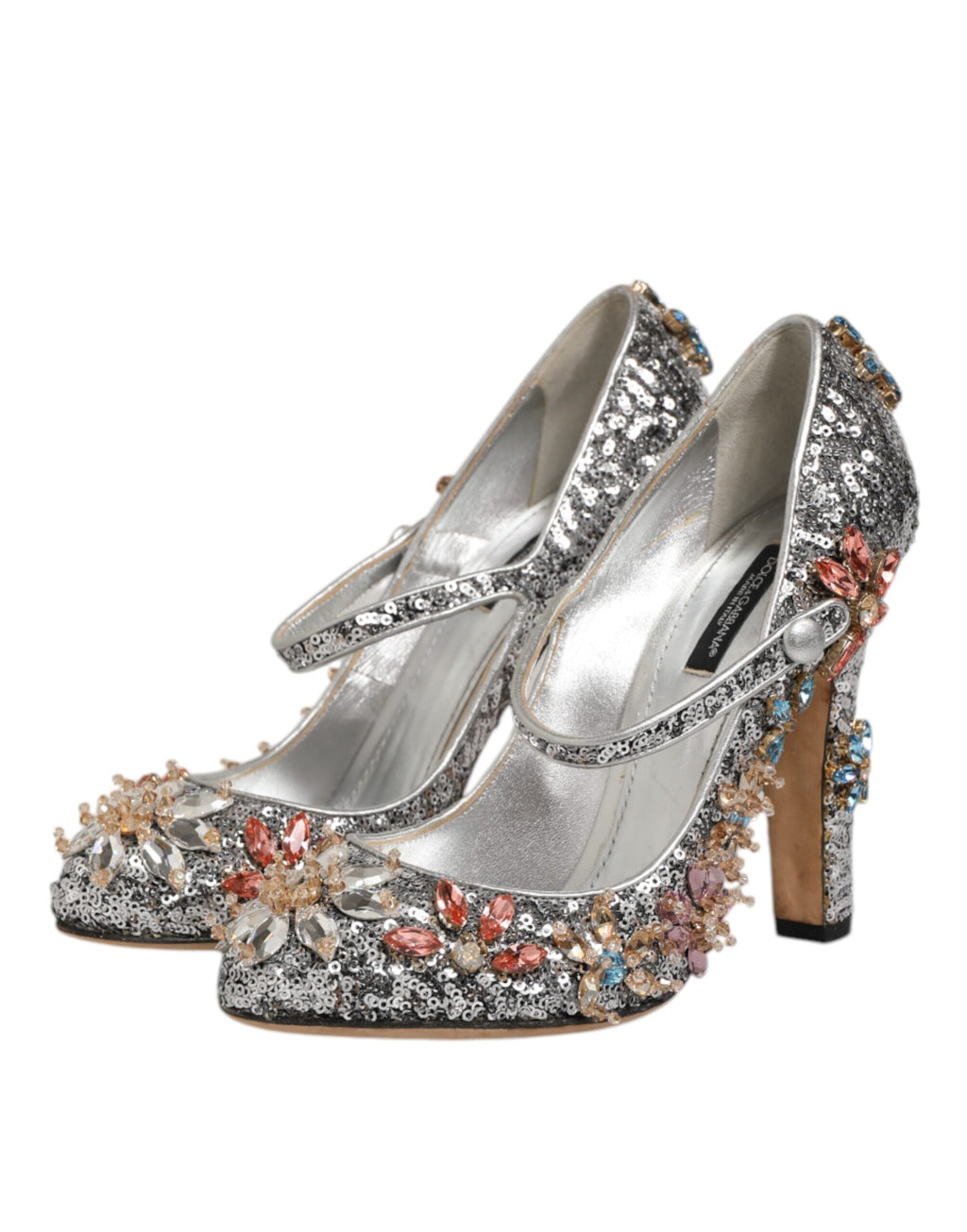Chaussures Mary Janes en satin argenté Dolce & Gabbana avec sequins et cristaux, élégantes et brillantes.