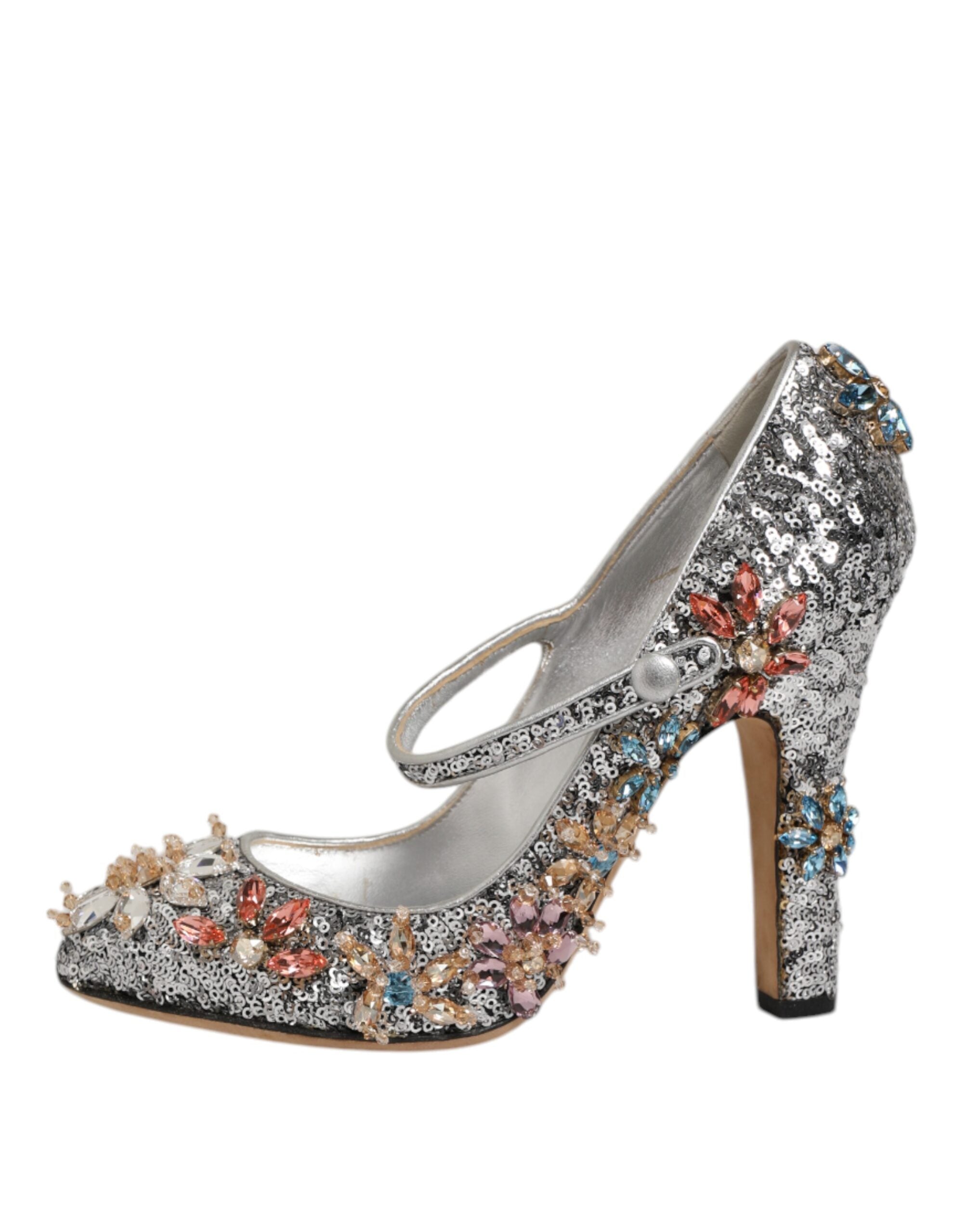 Chaussures Mary Janes en sequins argentés et cristaux Dolce & Gabbana, élégantes et brillantes pour femme.