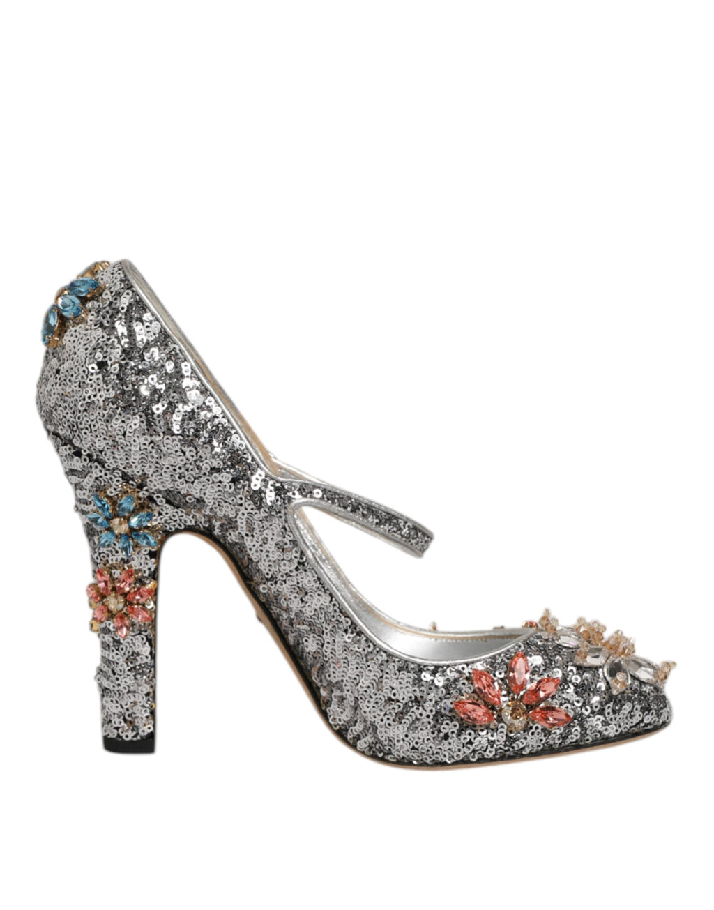 Chaussures Dolce & Gabbana Mary Janes en argent avec sequins et cristaux, semelle en cuir élégant pour femme.