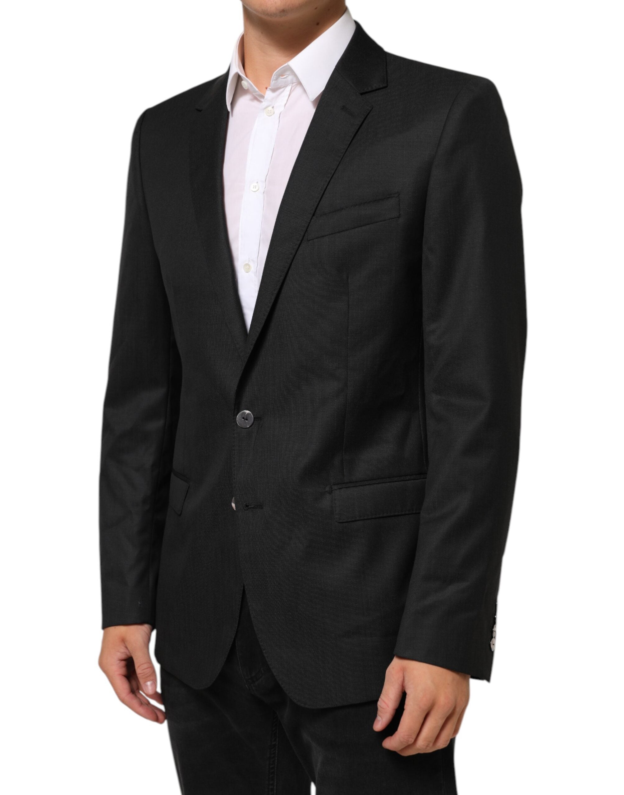 Manteau pour homme Dolce & Gabbana noir, blazer à un bouton, coupe classique, porté sur un mannequin.