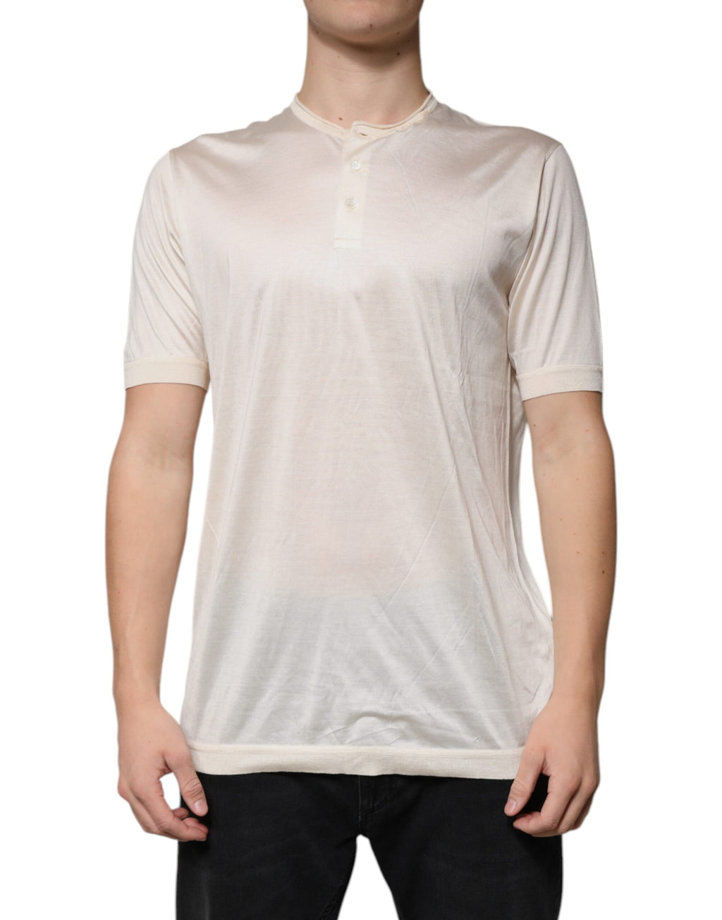 T-shirt homme Dolce & Gabbana en soie blanche à manches courtes, style henley, élégance et confort.