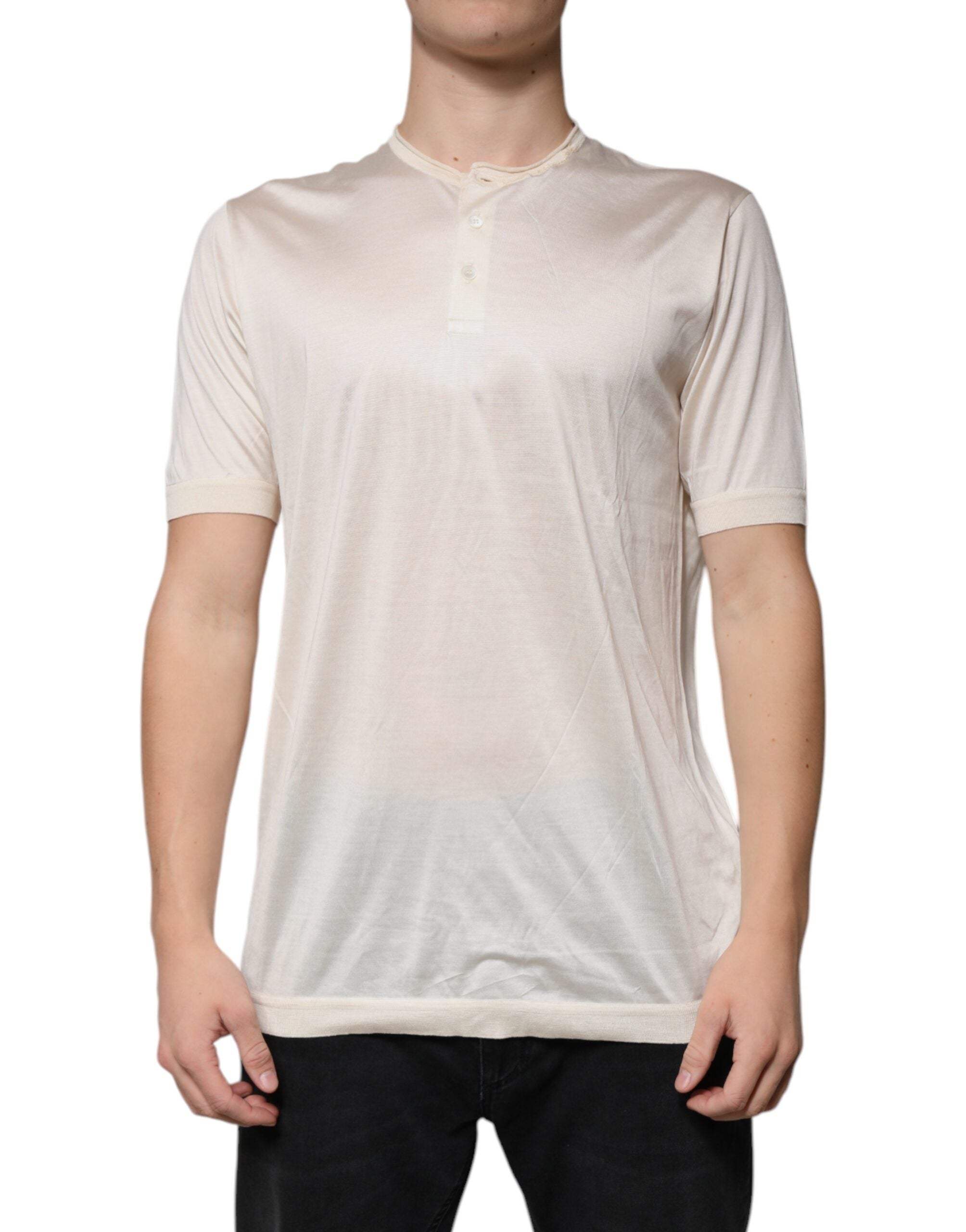 T-shirt homme Dolce & Gabbana en soie blanche à manches courtes et col Henley, style élégant et confortable.