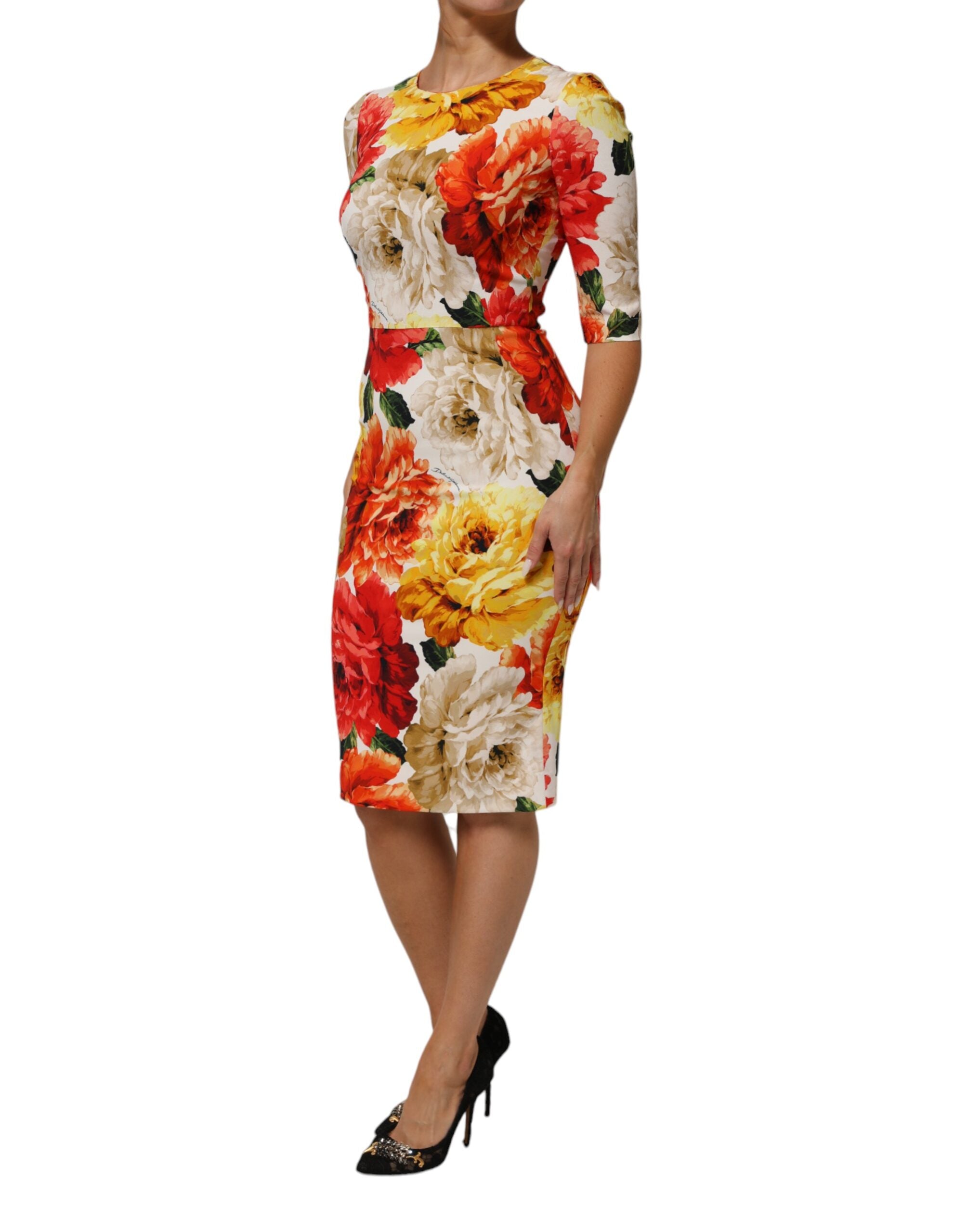 Robe fourreau en viscose à imprimé floral multicolore de Dolce & Gabbana, détail élégant et coloré.