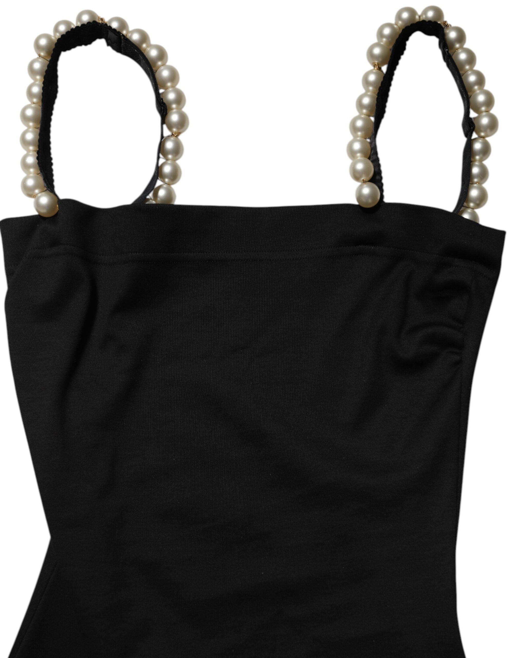 Robe courte noire en coton avec perles faux Dolce & Gabbana, coupe ajustée, style élégant et sophistiqué.
