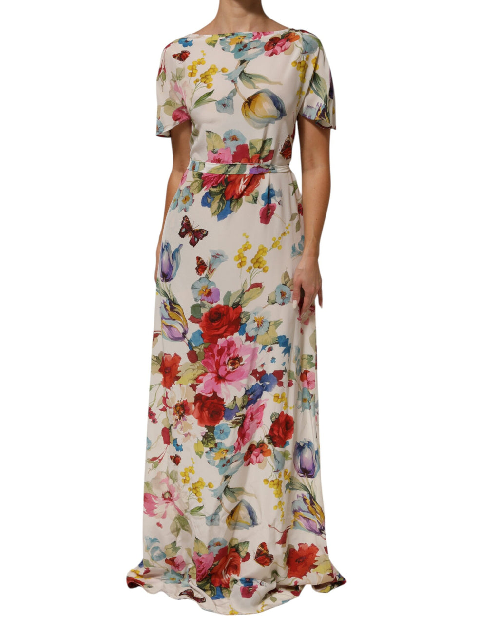 Robe longue en soie blanche à imprimé floral Dolce & Gabbana, coupe ajustée et élégante.