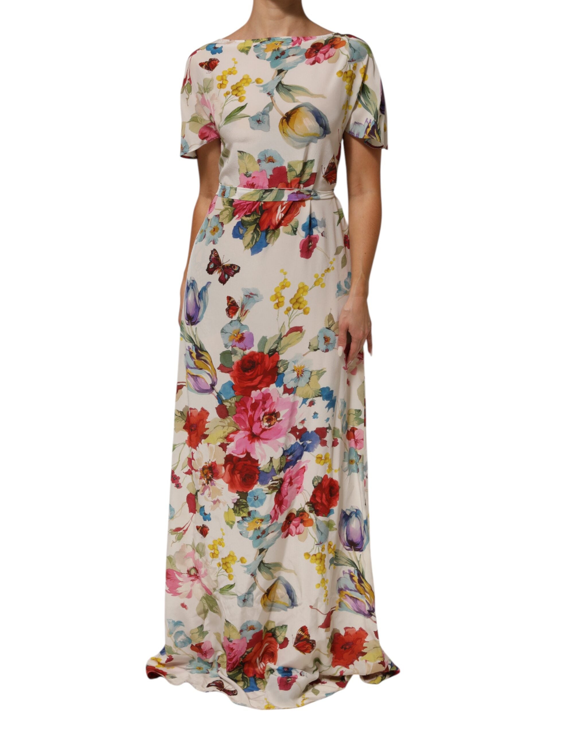 Robe longue en soie blanche à imprimé floral Dolce & Gabbana, coupe ajustée et élégante.