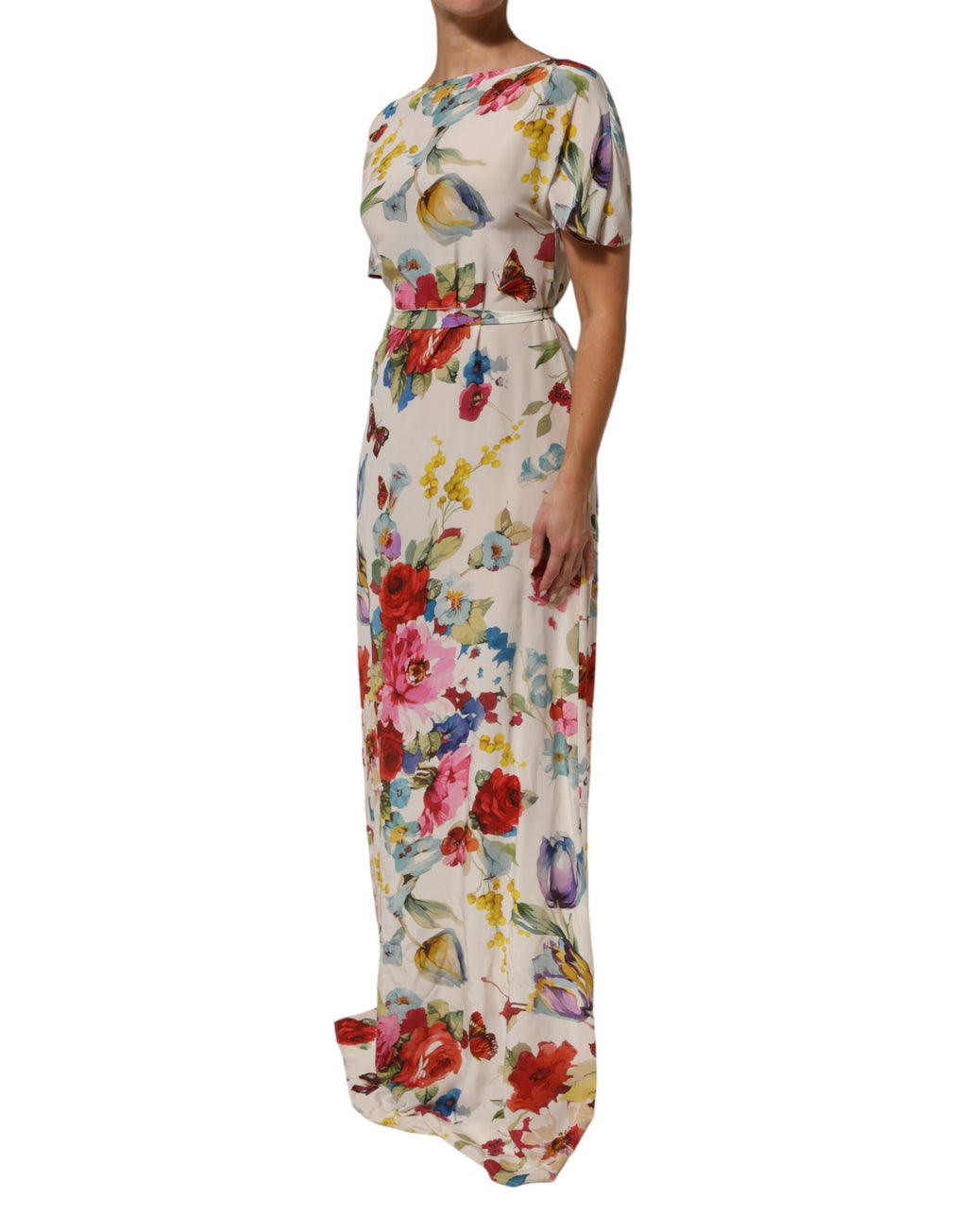 Robe longue en soie blanche à imprimé floral Dolce & Gabbana, robe cintrée élégante avec décolleté et manches longues.