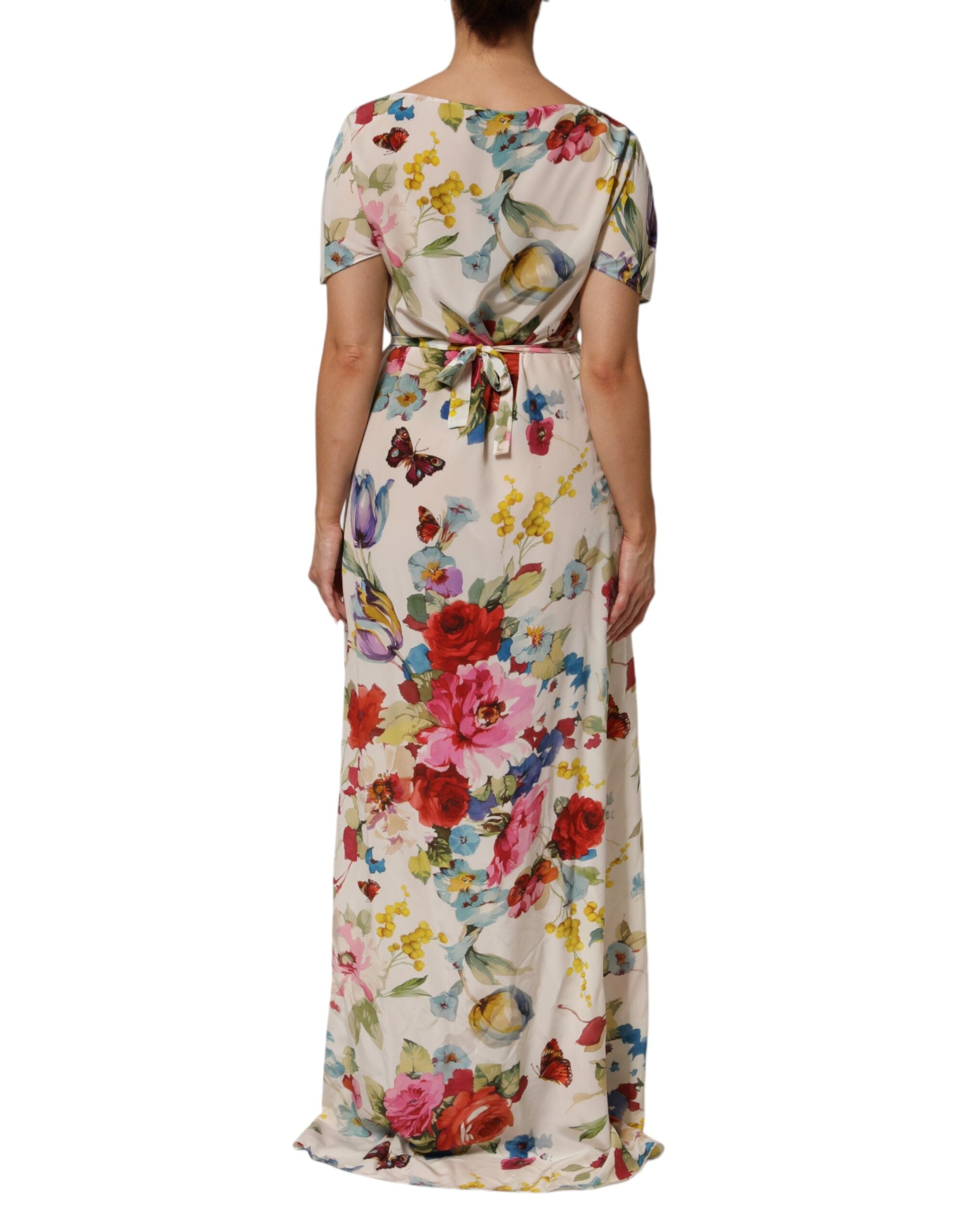 Robe longue en soie blanche à imprimé floral Dolce & Gabbana, robe fourreau élégante et raffinée.