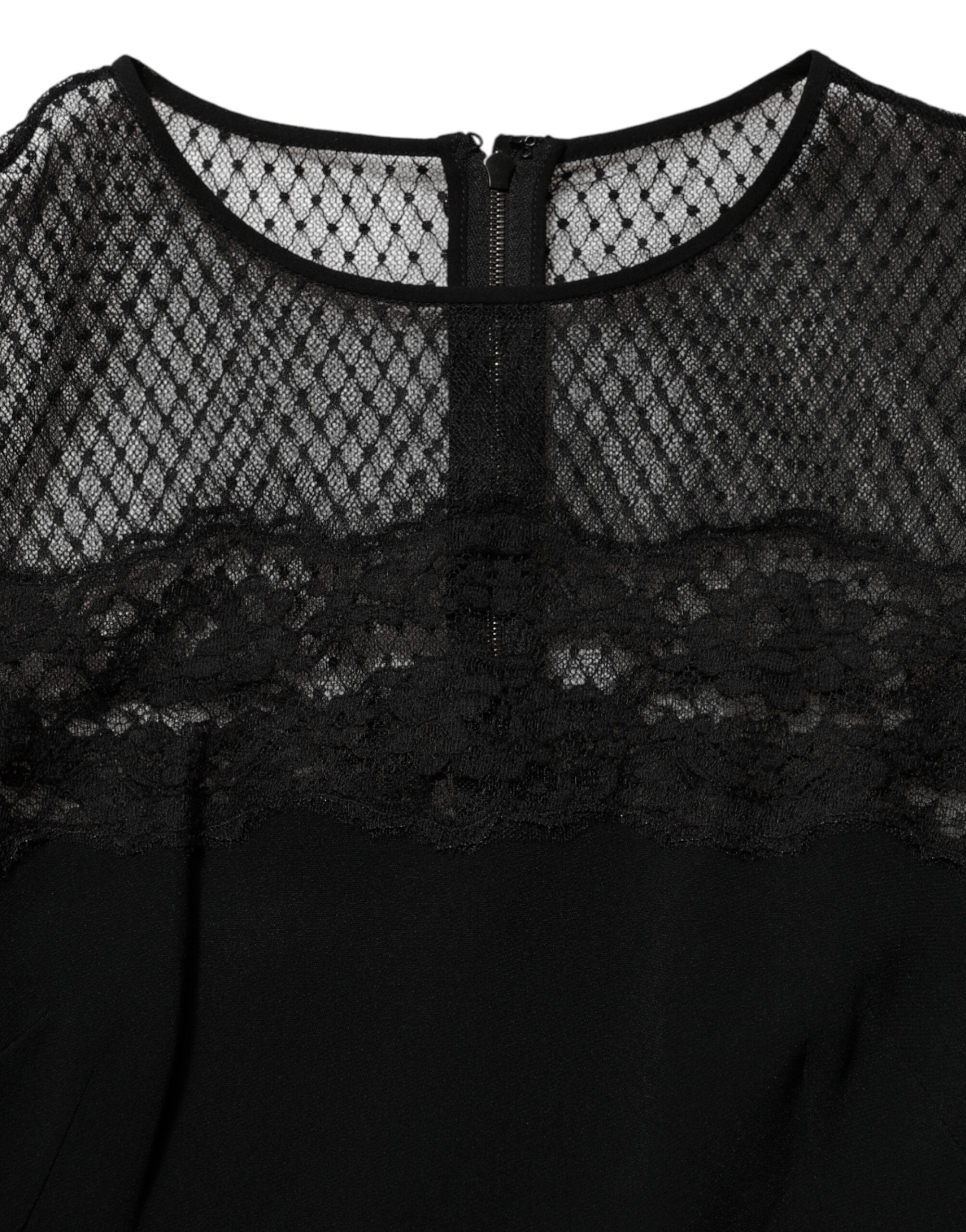 Robe Dolce & Gabbana noire à fleurs avec bordure en dentelle, coupe ajustée et style en ligne A, pour une allure élégante.