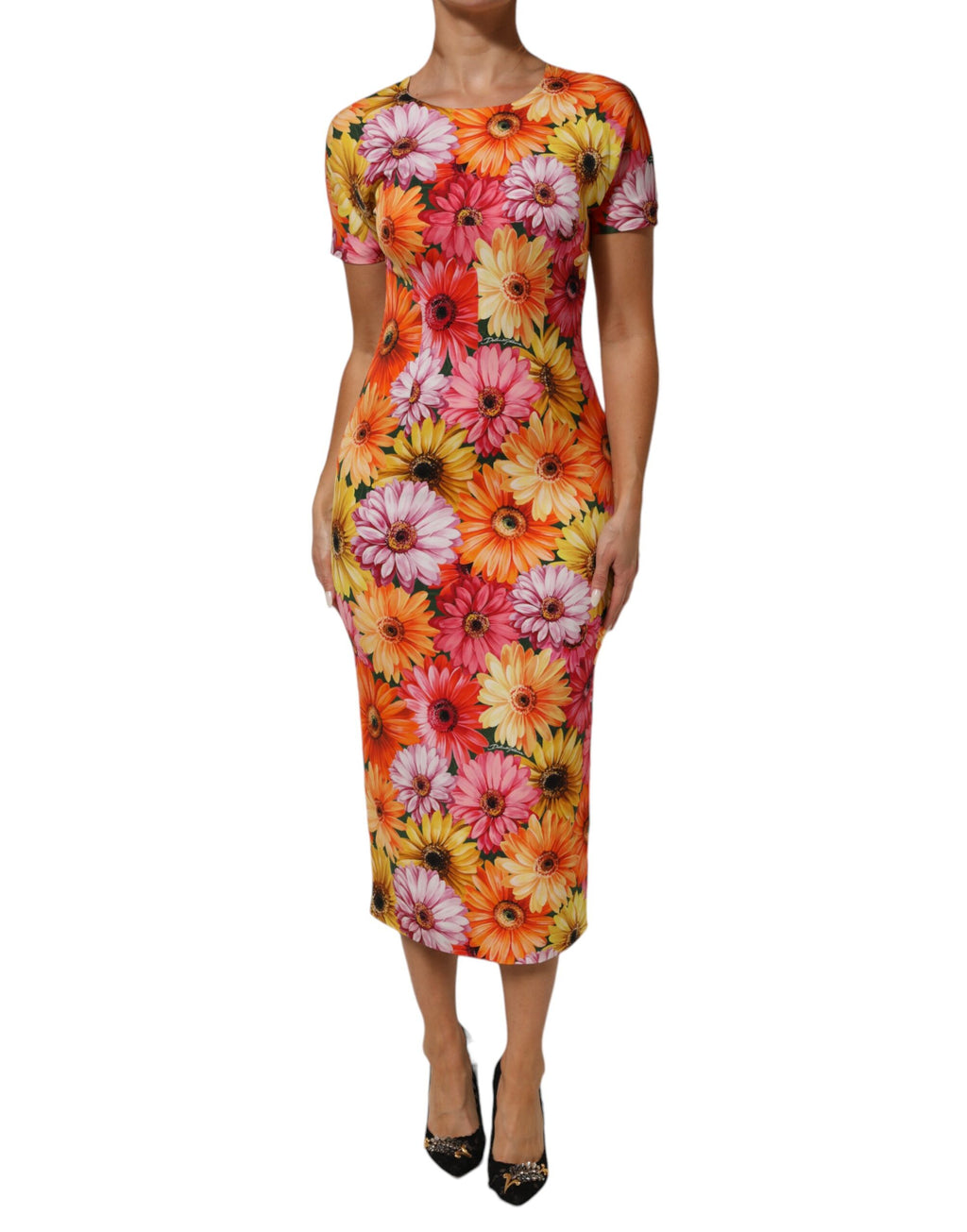 Robe midi en soie Dolce & Gabbana à imprimé floral multicolore, coupe ajustée et élégante.