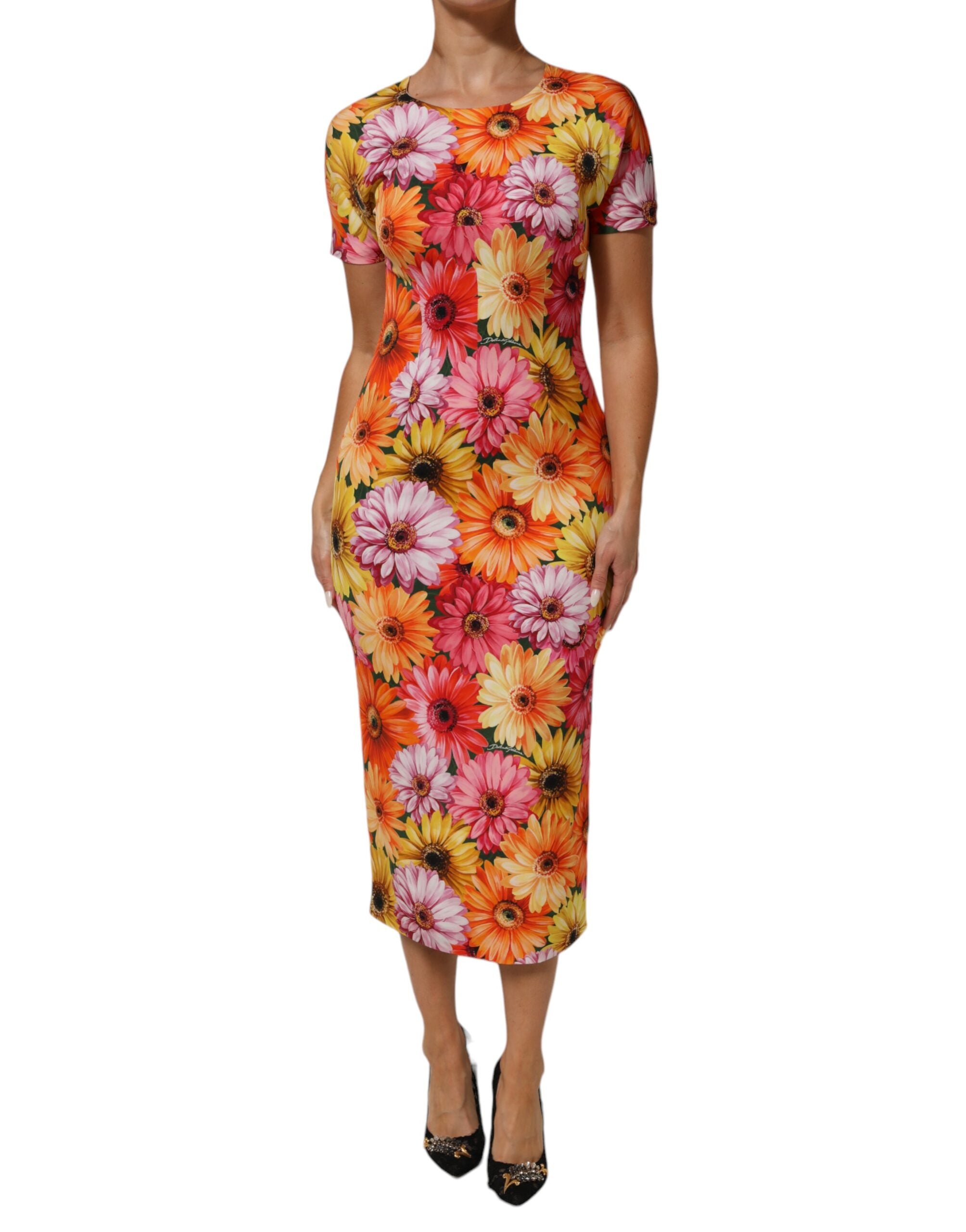 Robe midi en soie Dolce & Gabbana à imprimé floral multicolore, coupe ajustée et élégante.