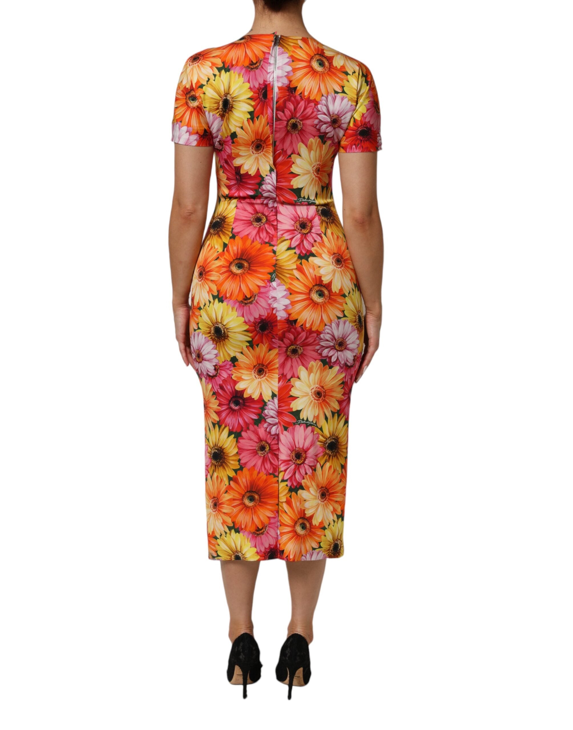 Robe midi en soie Dolce & Gabbana à imprimé floral multicolore, coupe ajustée et élégante.
