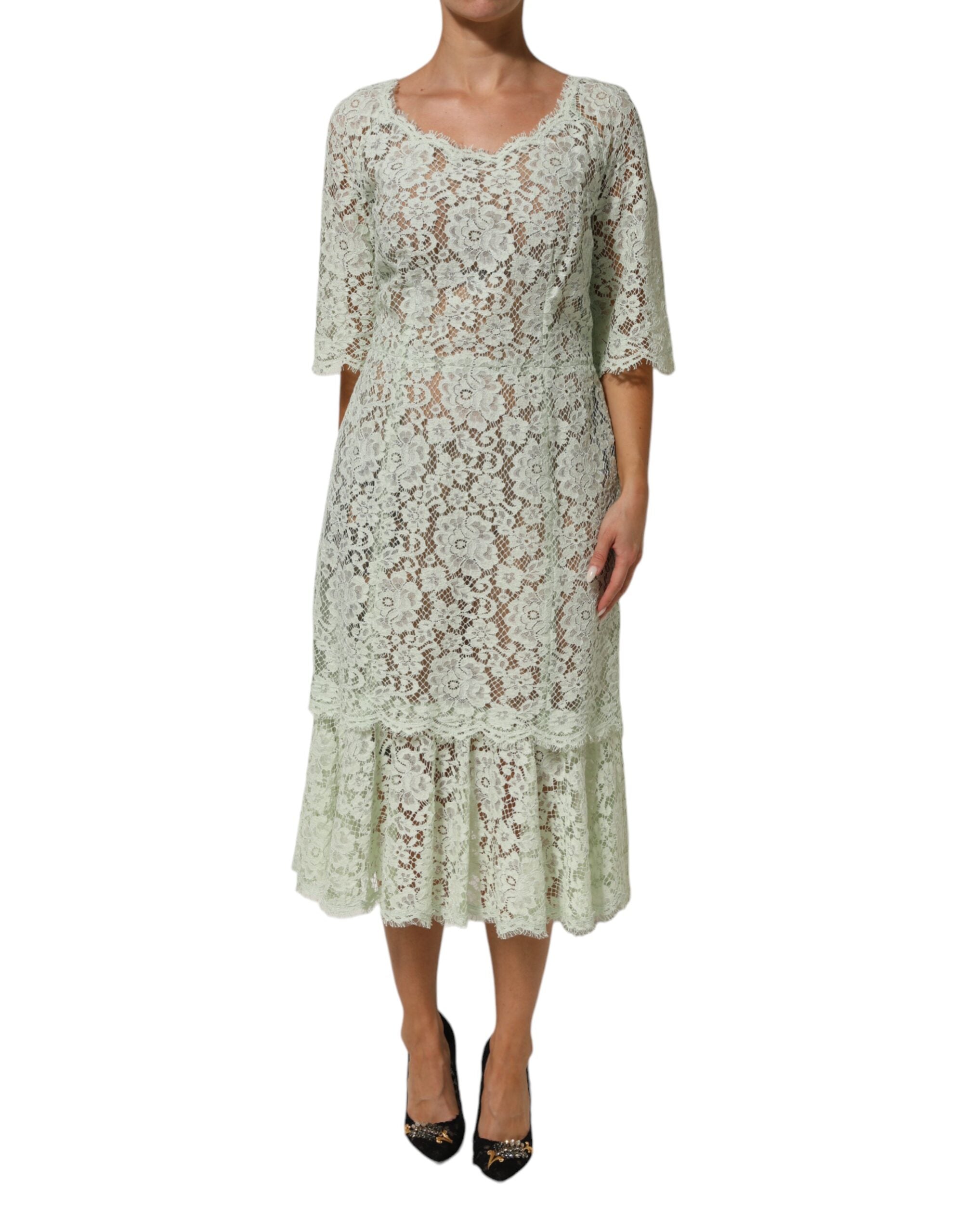Robe midi en dentelle florale vert menthe de Dolce & Gabbana, avec finition en dentelle élégante et coupe fluide.