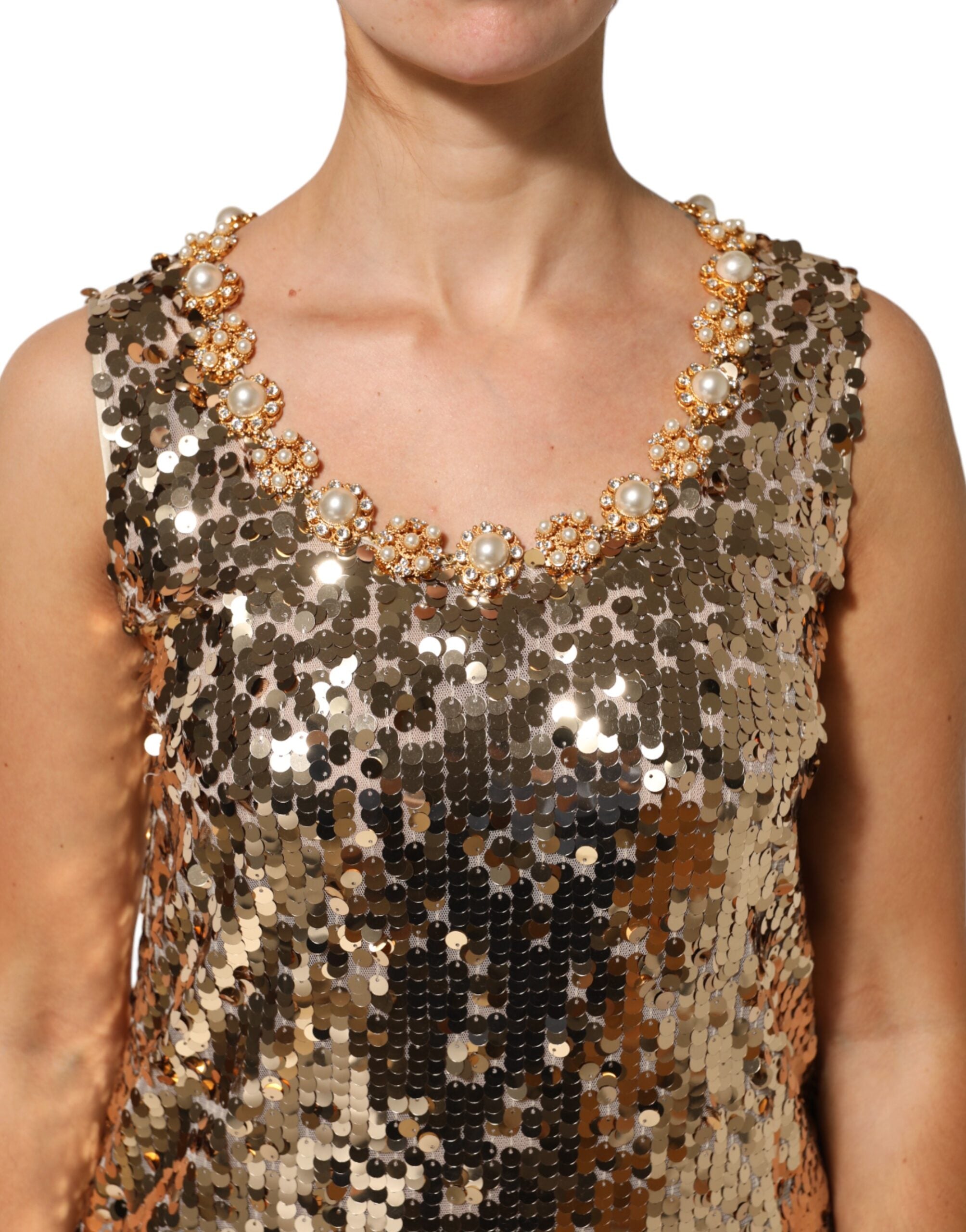 Robe courte en nylon doré à sequins de style évasé, marque Dolce & Gabbana, pour soirées élégantes.