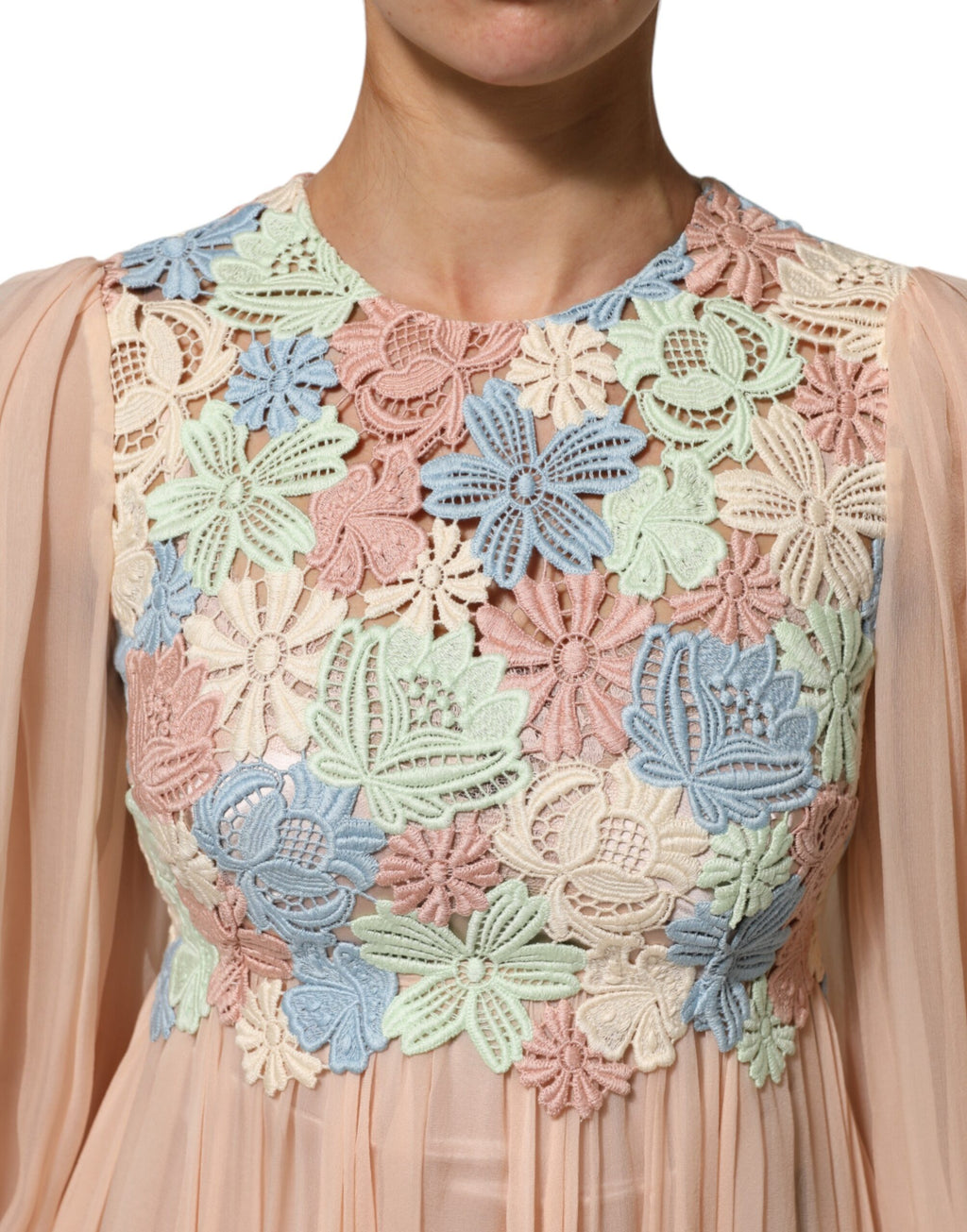 Robe plissée A-line Dolce & Gabbana rose avec broderie florale et détails élégants, parfait pour une allure sophistiquée.