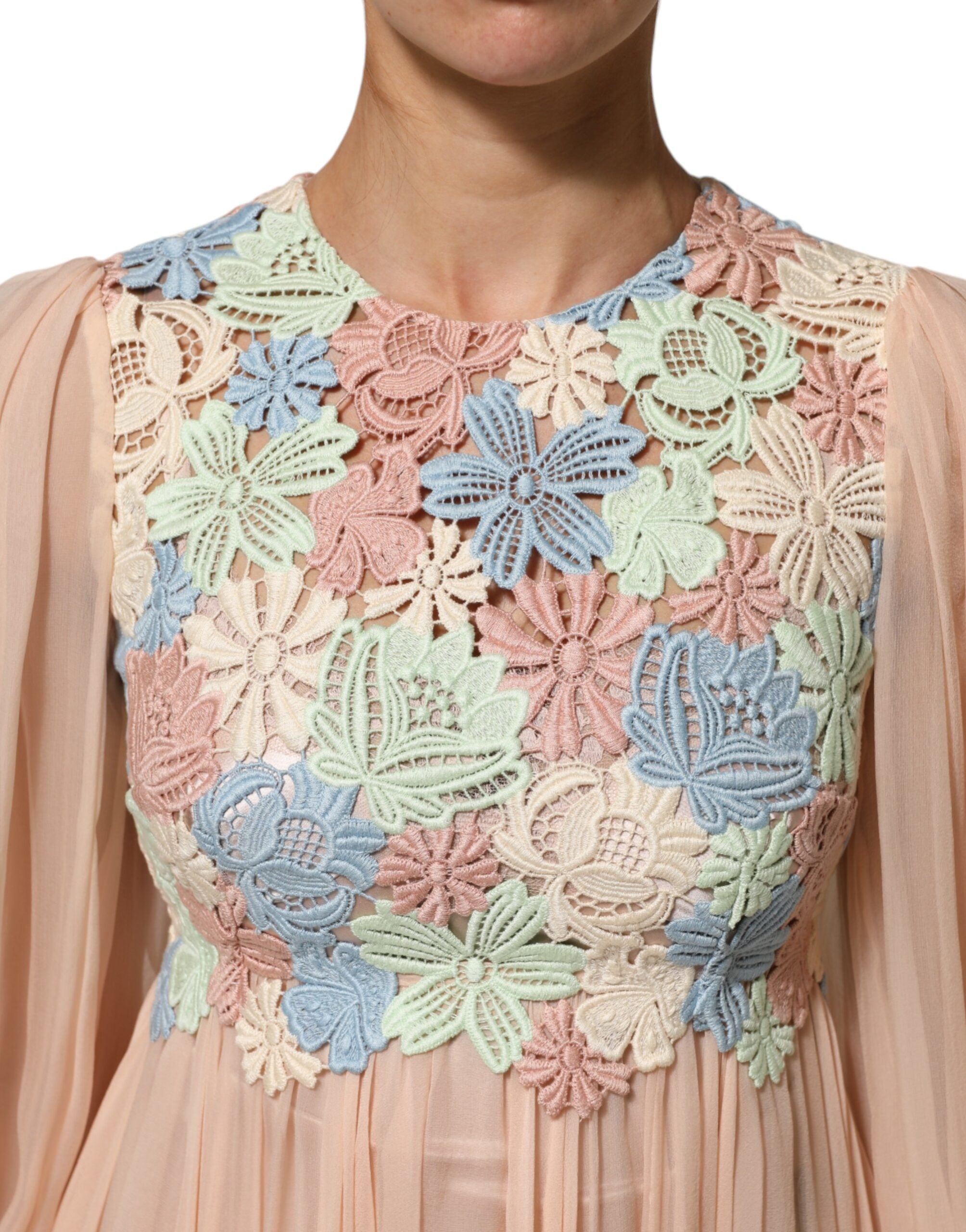 Robe plissée A-line Dolce & Gabbana rose avec broderie florale et détails élégants, parfait pour une allure sophistiquée.