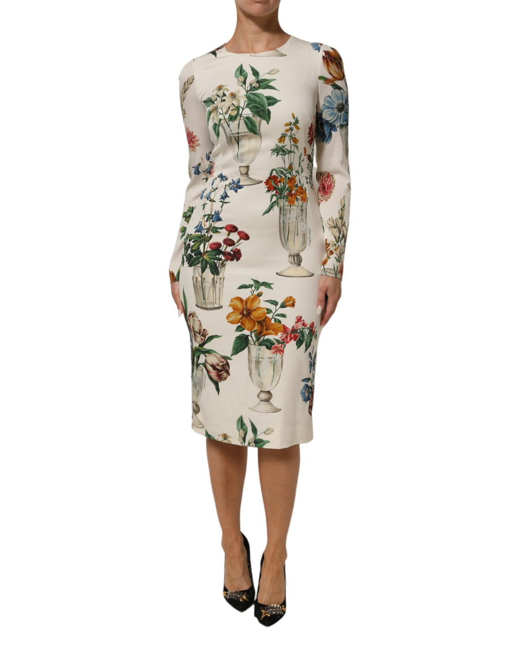Robe midi en soie blanche Dolce & Gabbana avec motif floral, coupe ajustée et élégante.