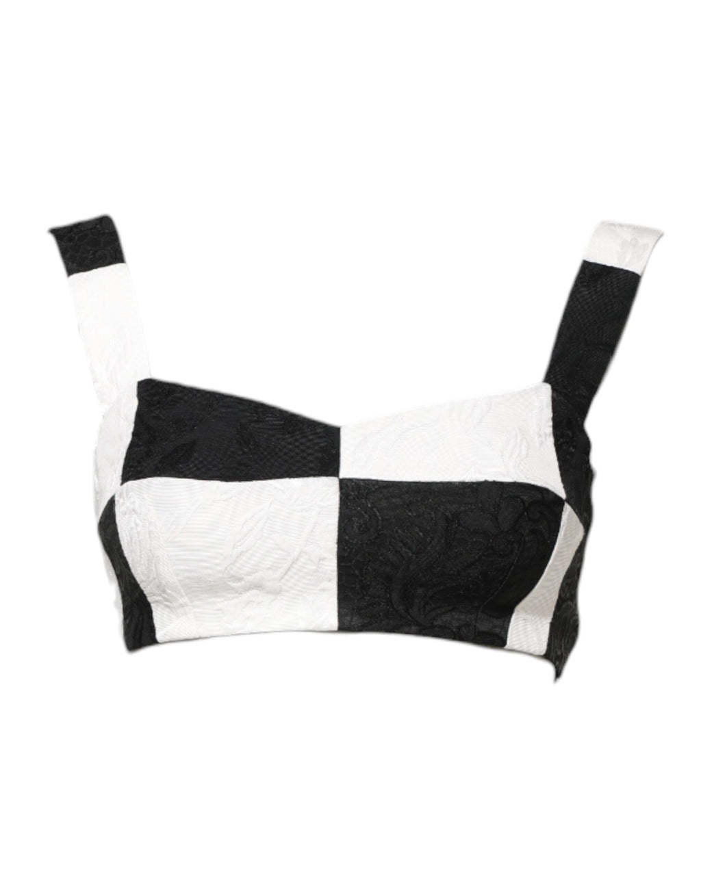 Haut bustier corset noir et blanc Dolce & Gabbana, coupe courte, détails structurés, tissu élégant et moderne.