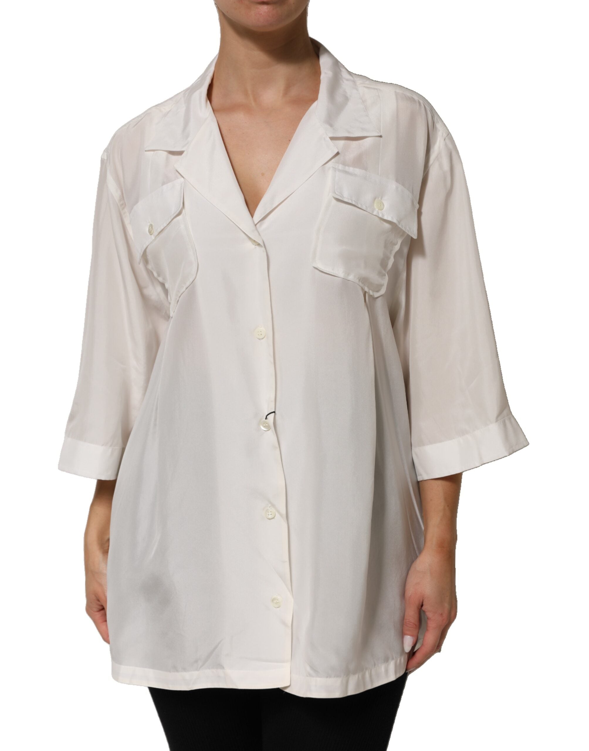 Chemise polo en soie blanche Dolce & Gabbana avec boutons, élégante chemise à manches longues pour homme.
