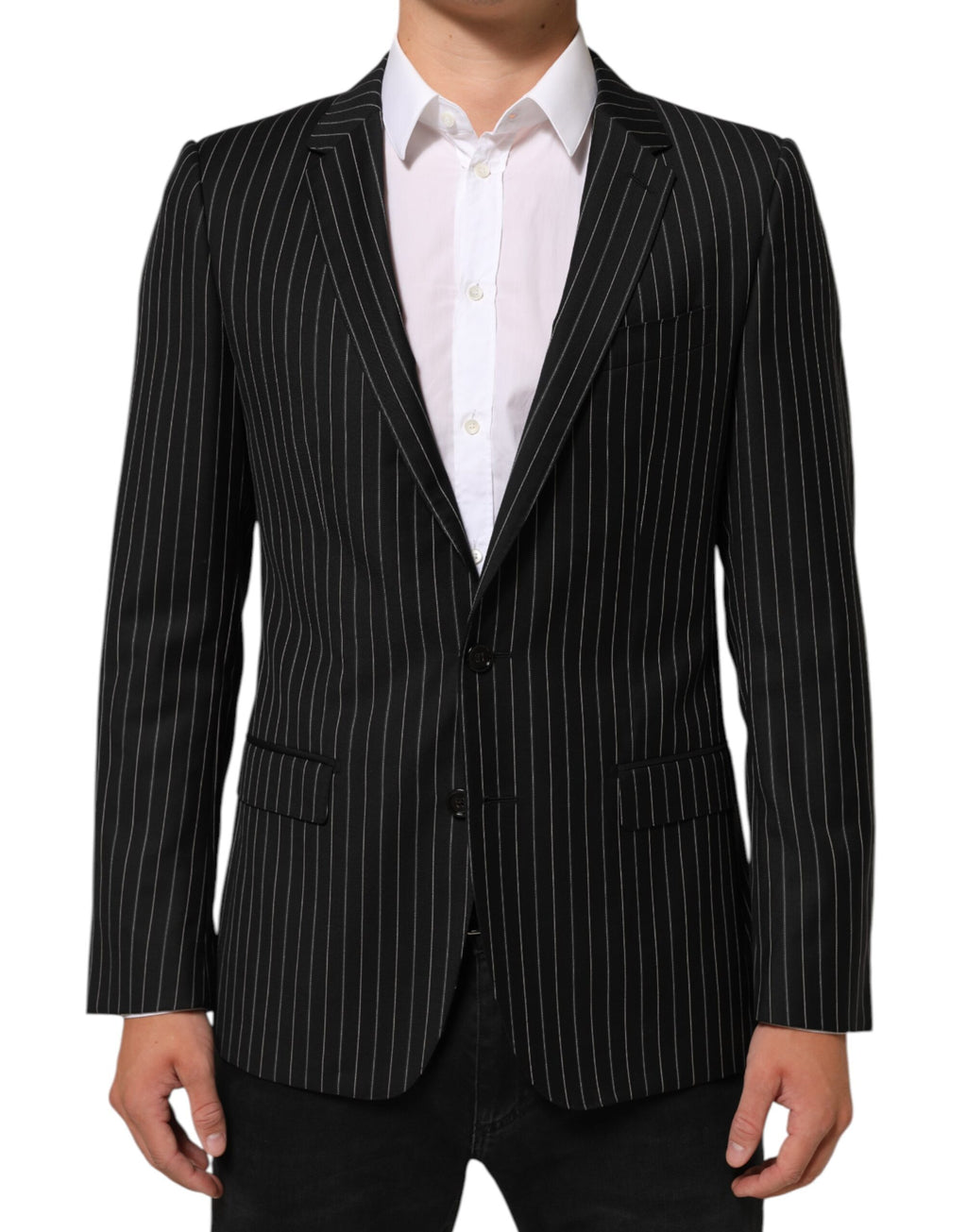 Veste blazer noire à rayures Dolce & Gabbana Martini avec bouton unique, élégante et ajustée, vue de face sur fond neutre.