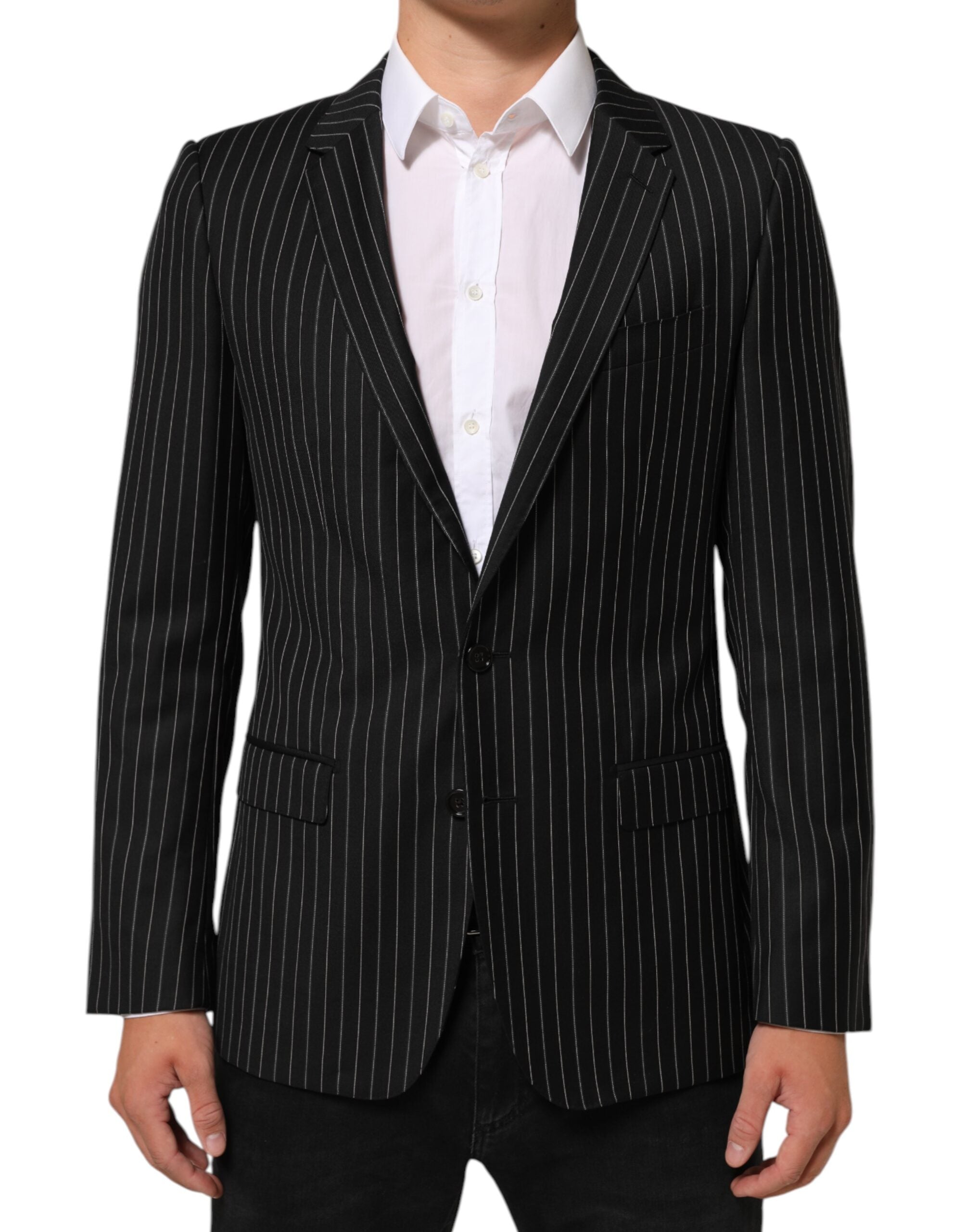 Veste blazer noire à rayures Dolce & Gabbana Martini avec bouton unique, élégante et ajustée, vue de face sur fond neutre.